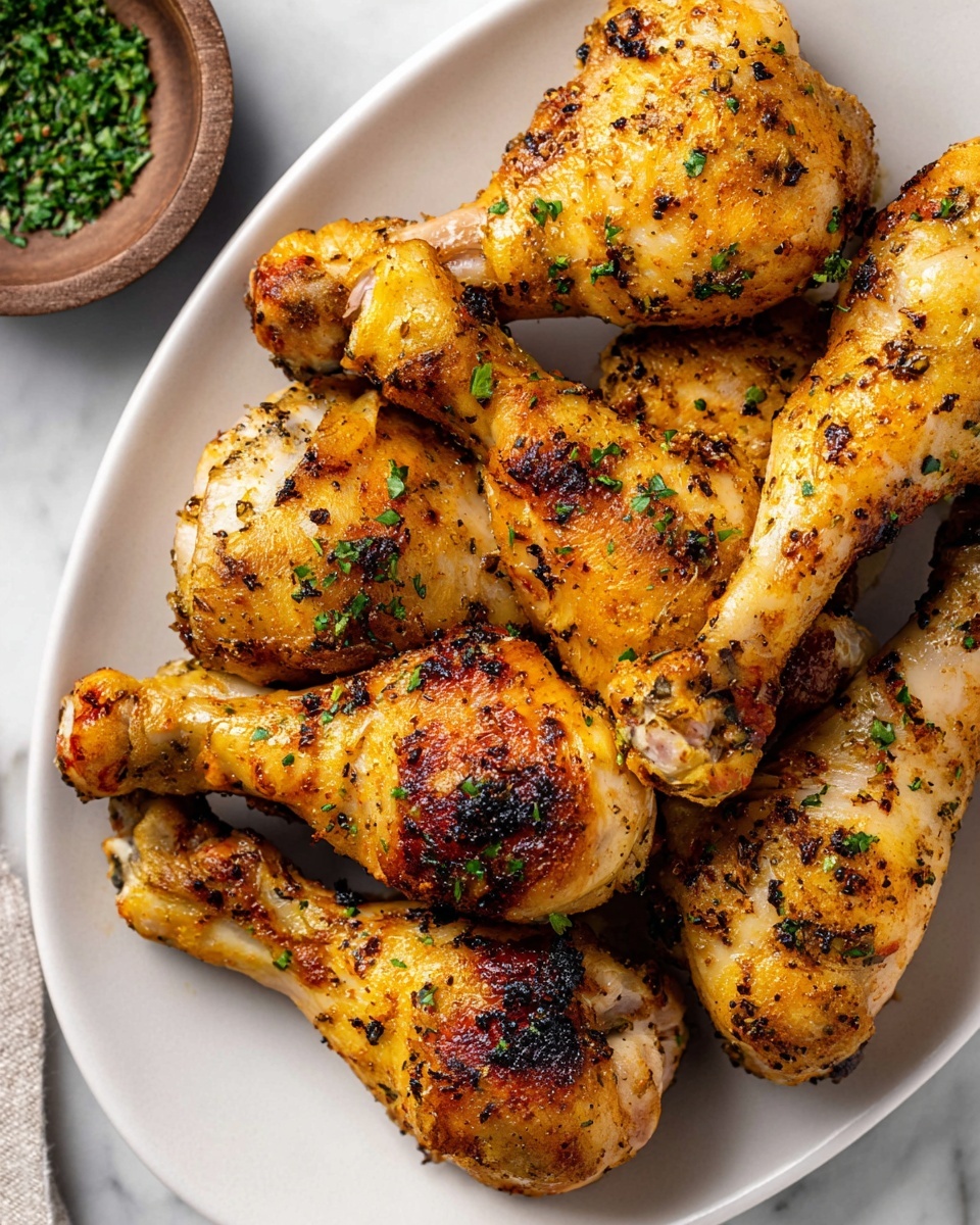 The image shows a white plate filled with several cooked chicken drumsticks arranged in a slightly overlapping way. Each drumstick has a golden brown color with darker roasted spots, a textured crispy skin with visible seasoning spots in black and green, and tiny bits of chopped green herbs sprinkled on top. The drumsticks vary in direction, some facing upward and some laying sideways, revealing the tender, juicy meat under the seasoned crust. The plate is placed on a white marbled surface, and a small brown bowl with green herbs is partially visible in the upper left corner of the image. Photo taken with an iphone --ar 4:5 --v 7