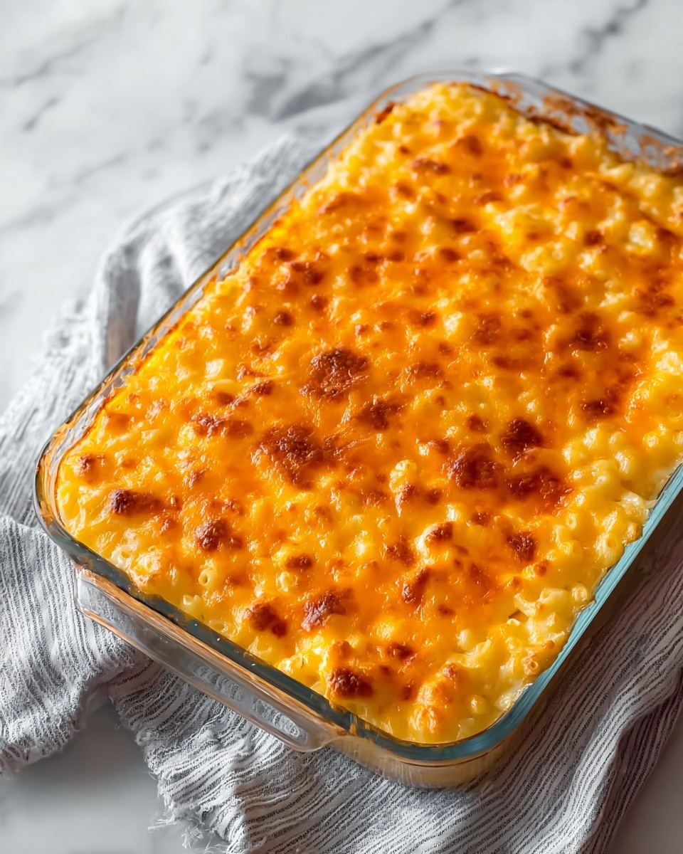 A glass baking dish filled with creamy macaroni and cheese topped with a golden brown, bubbly melted cheese layer, showing a rich yellow-orange color with some darker toasted spots. A spoon is lifting a portion, pulling strands of stringy melted cheese, exposing soft, curly pasta beneath the crispy, bright cheese crust. The dish rests on a white marbled surface with a blurred white background. photo taken with an iphone --ar 4:5 --v 7
