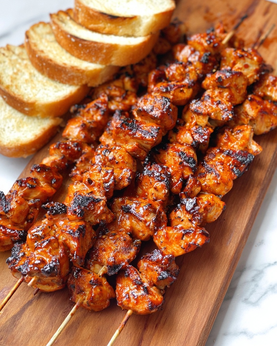 The image shows eight skewers of grilled meat placed in a row on a metal baking tray, arranged vertically from top to bottom. Each skewer holds multiple pieces of reddish-orange colored meat with visible grill marks and some darker charred spots, giving the meat a slightly rough and textured appearance. The meat pieces are glistening with a shiny glaze, indicating they are coated with a sauce. The baking tray itself has slight browning and use marks around the edges, adding a rustic feel. The background is a white marbled surface. photo taken with an iphone --ar 4:5 --v 7