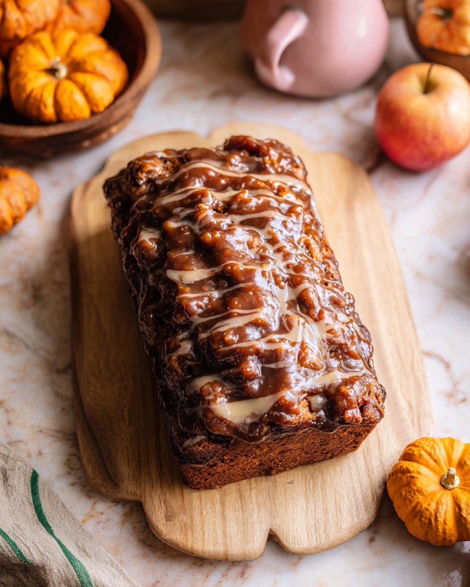 A sliced loaf cake with two visible layers: the bottom layer is light brown with a soft, moist texture and small chunks inside, the top layer is darker and covered with a shiny, white glaze that drips slightly down the sides. The cake sits on a wooden board placed on a white marbled surface. In the background, there is a blurred pumpkin, a white pitcher, and a copper container, adding warm colors to the scene. photo taken with an iphone --ar 4:5 --v 7