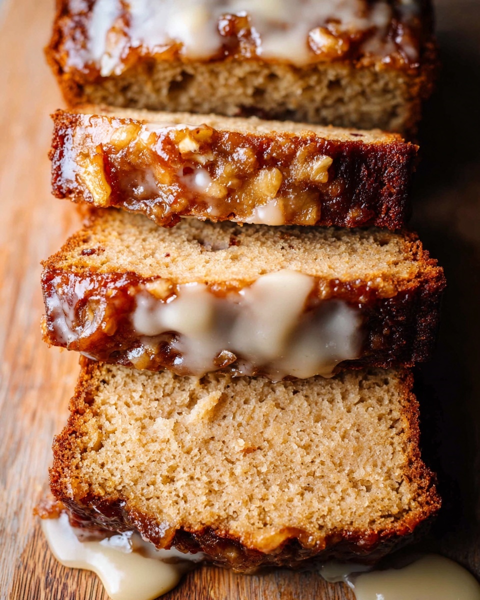 The image shows three thick slices of moist cake stacked on top of each other on a wooden surface with some creamy glaze dripping on and around them. The cake layers have a golden-brown crust with a soft, light tan interior filled with small bits of fruit or nuts scattered inside. The top slice has a shiny, sticky, darker caramelized topping with a smooth white glaze slowly melting over it and pooling slightly on the surface beneath. The texture looks soft and slightly crumbly with a warm, inviting color palette. Photo taken with an iphone --ar 4:5 --v 7