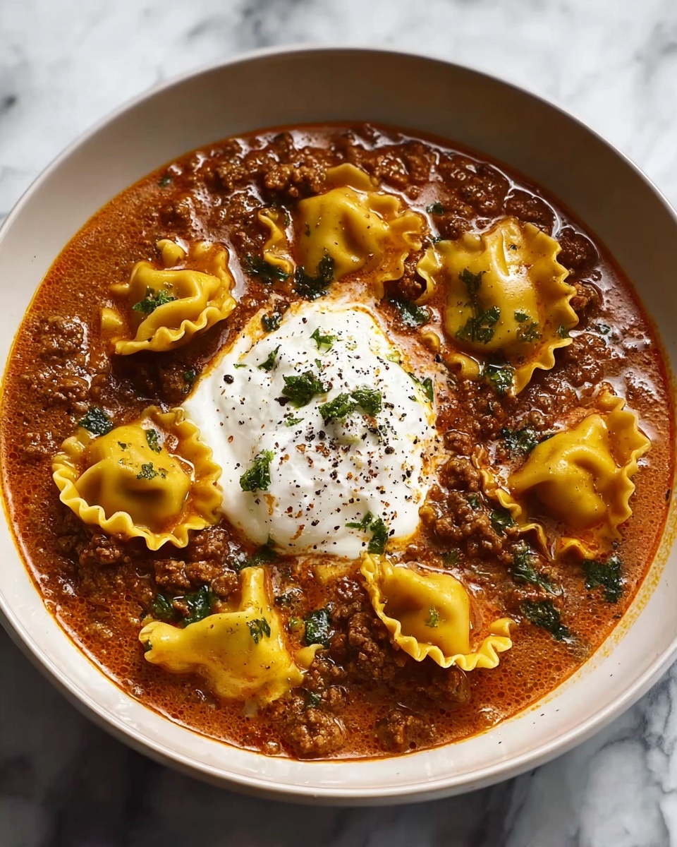 A large blue pot filled with layered pasta dish showing wide wavy-edged pasta sheets partially covered with a rich, chunky red tomato sauce mixed with browned ground meat and sprinkled with dark green leafy herbs, all visibly simmering. The edges of the pot are splashed with sauce, and a wooden spoon is resting inside on the right side. The pot is on a white marbled surface. photo taken with an iphone --ar 4:5 --v 7
