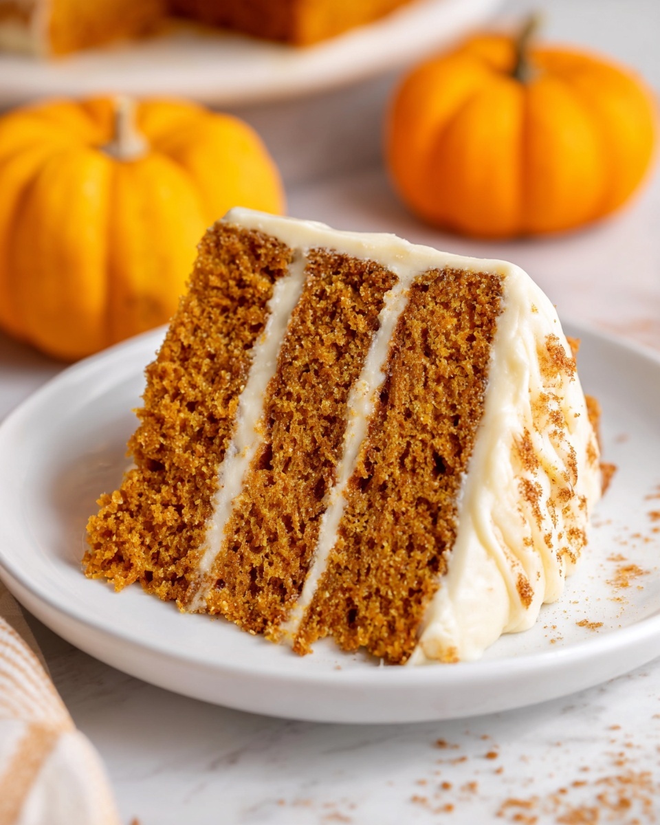 The image shows a three-layer orange cake with light brown frosting covering the outside and between each layer. The cake layers are moist and have a spongy texture. On top of the cake, small orange pumpkin decorations sit neatly. The cake is placed on a white marble surface, with some whole star anise and small pumpkin decorations scattered around. In the background, there are two clear glass bottles filled with milk. The scene has soft, warm lighting. photo taken with an iphone --ar 4:5 --v 7