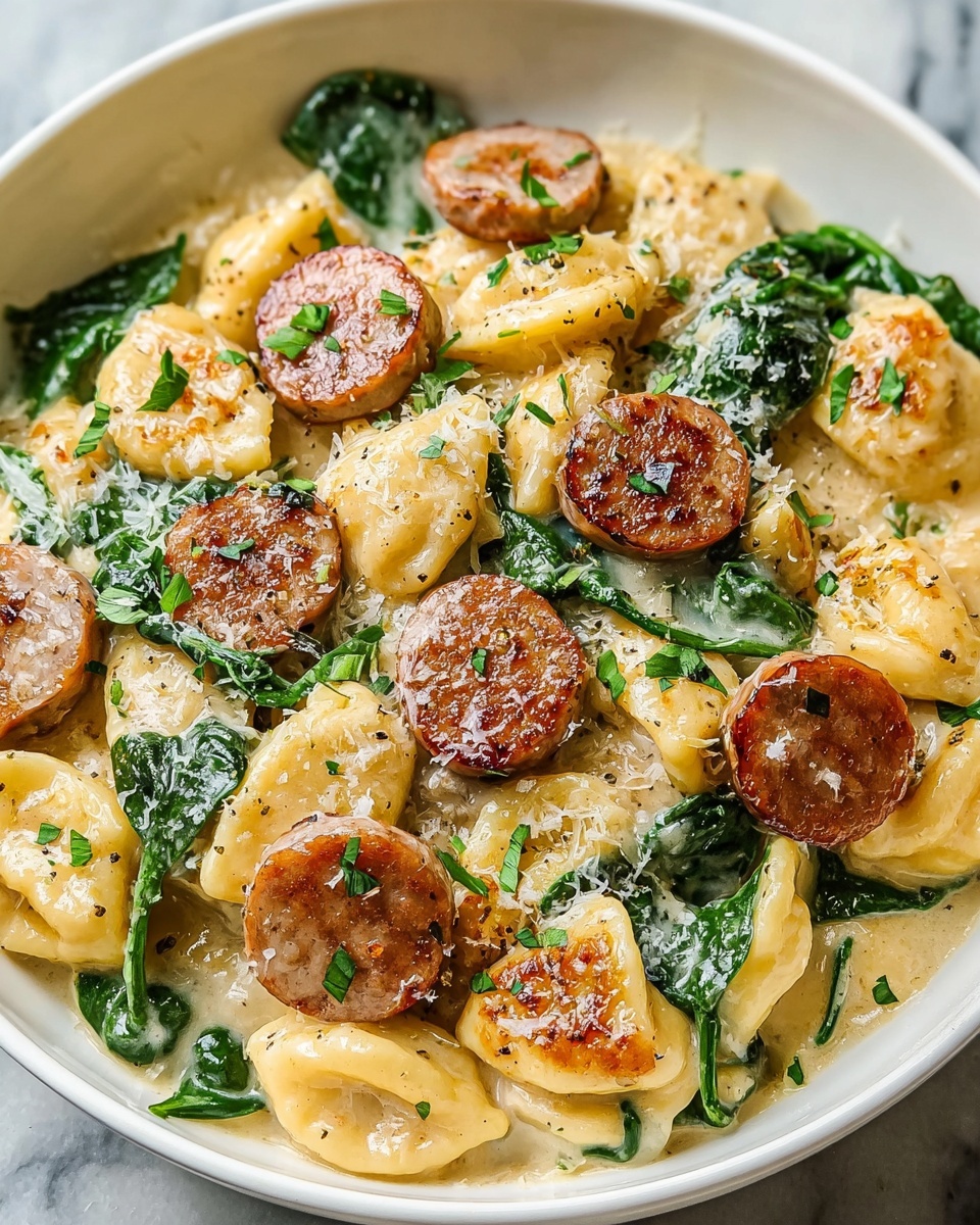 A white bowl filled with round ravioli pasta pieces that are golden brown with a slightly crispy texture on the top. The ravioli forms the main layer, scattered across the bowl, mixed with slices of browned sausage that have a rich reddish-brown color. Beneath and around the ravioli and sausage, there is a creamy light yellow sauce with hints of green spinach leaves showing through, adding vibrant dark green patches. Small green parsley leaves are sprinkled generously over the dish, along with a dusting of grated cheese that appears snowy white. The overall dish looks warm, creamy, and richly textured. Photo taken with an iphone --ar 4:5 --v 7