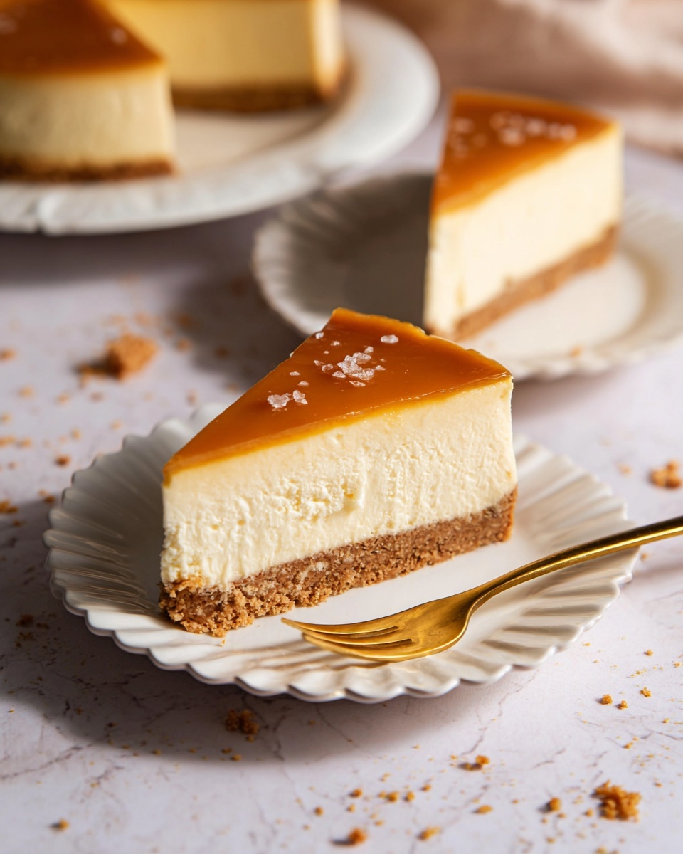 Best Salted Caramel Cheesecake Recipe 6 The image shows a cheesecake with three clear layers on a white plate. The bottom layer is dark brown and crumbly, like a cookie crust. The middle layer is thick, creamy, and light beige. The top layer is a shiny caramel-colored glaze with a few small white salt flakes scattered on it. One slice is being lifted by a knife, revealing the smooth texture inside. The surface around the plate has small brown crumbs scattered on a white marbled texture. Photo taken with an iphone --ar 4:5 --v 7