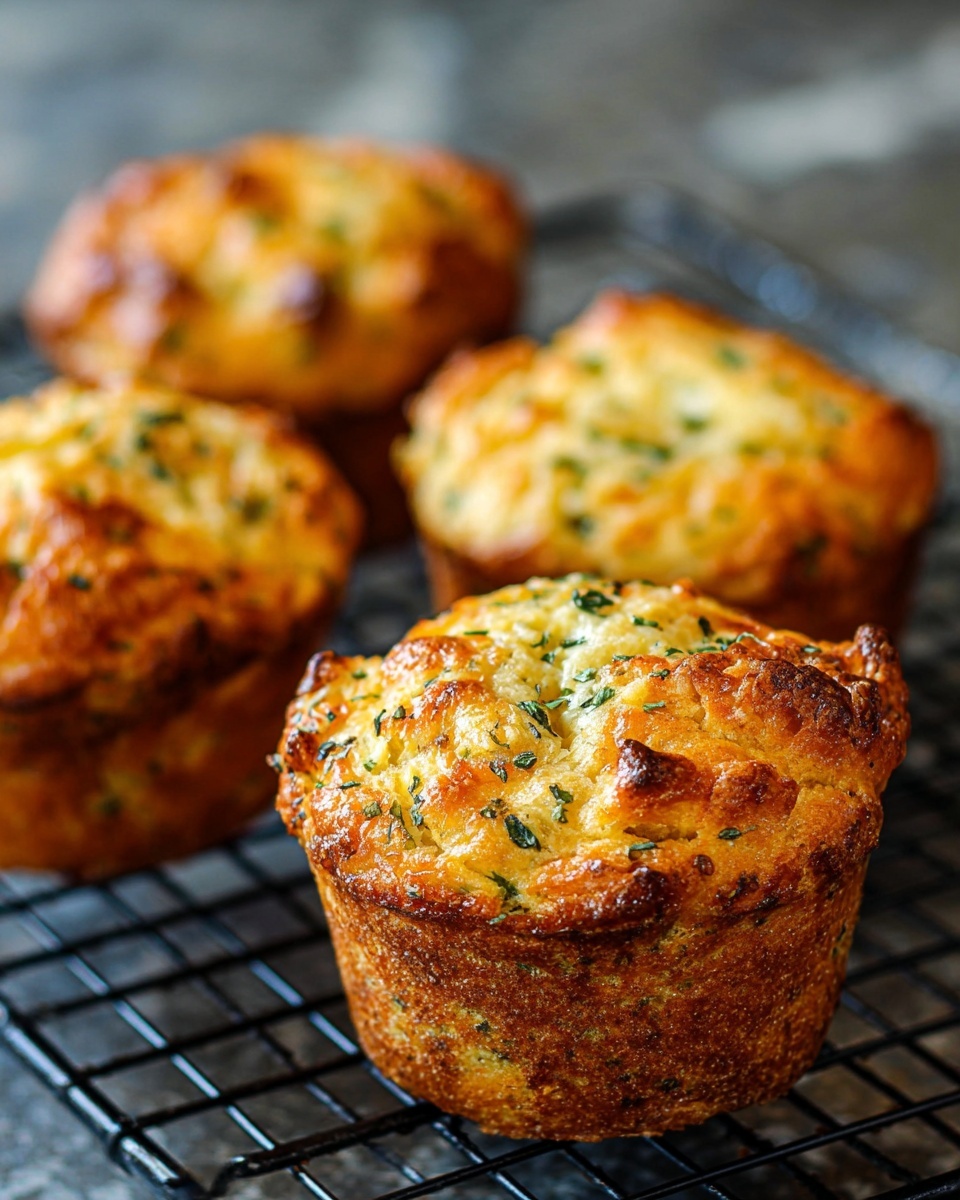 The image shows a group of seven golden brown muffins arranged on a dark round plate placed on a white marbled surface. Each muffin is wrapped in a white paper liner and topped with small green herb pieces and orange shredded bits, possibly cheese. The muffins have a slightly uneven, textured top with some parts more raised and crisp. In the background, there are soft green herb leaves scattered around, adding color to the white marbled surface. Photo taken with an iphone --ar 4:5 --v 7