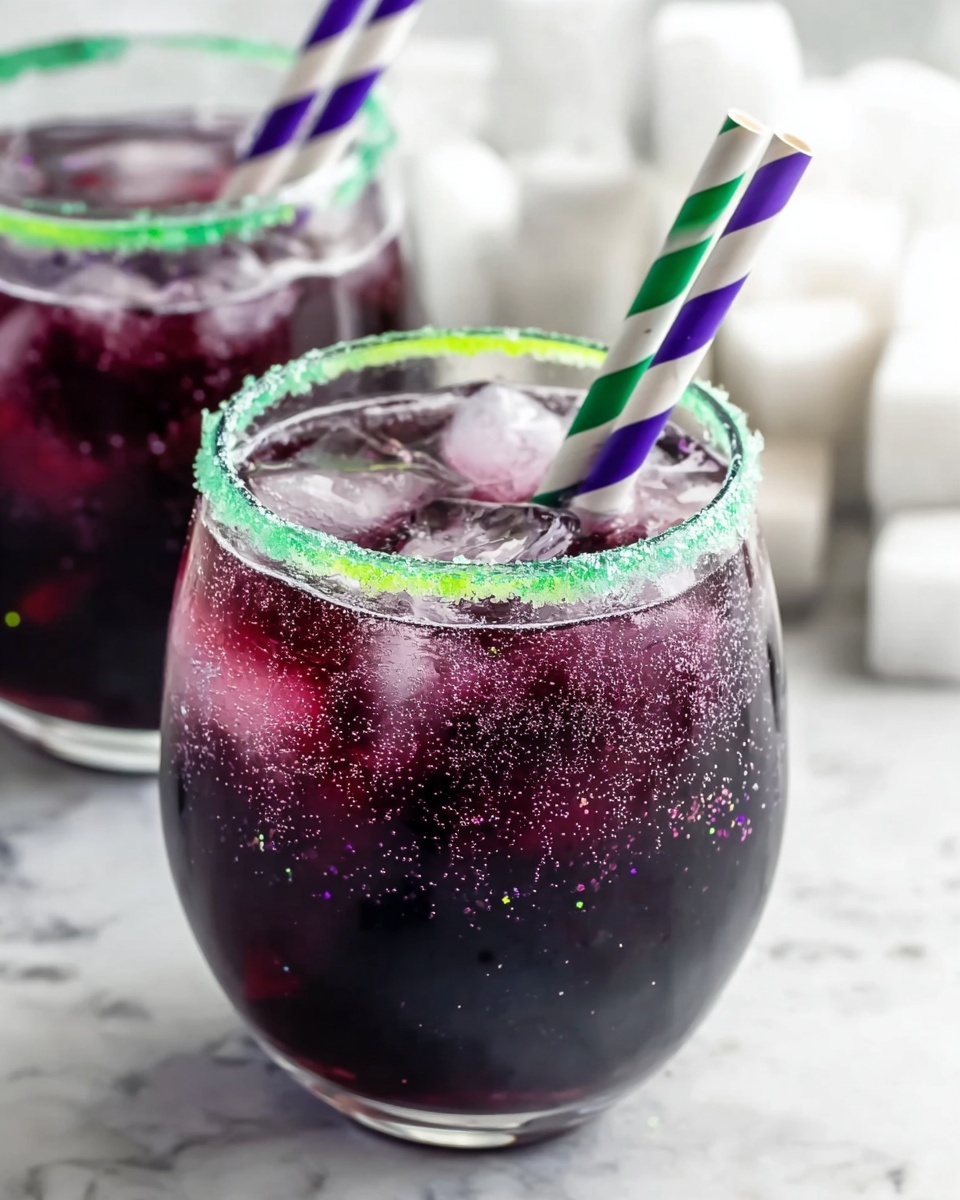 The image shows a glass filled with a dark purple drink with bubbles and ice cubes inside. The rim of the white glass is coated with a green sugary layer. Two striped straws, one green and yellow and the other white and purple, are placed in the drink. In the background, there are more similar glasses with the same drink and straws, all set on a white marbled surface. Two extra straws, one yellow and white and the other purple and white, lie on the surface near the glass. The photo taken with an iphone --ar 4:5 --v 7