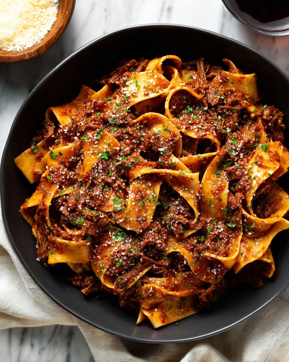Slow Cooker Braised Beef Short Rib Ragu with Pappardelle Recipe 6 The image shows a close-up of a dark pot filled with shredded dark brown meat cooked in a rich and thick reddish-brown sauce with small orange carrot pieces mixed throughout. Fresh green thyme leaves are sprinkled on top, adding a touch of color. A wooden spoon is lifting some of the meat mixture, showing its moist and tender texture. The background is a white marbled texture. photo taken with an iphone --ar 4:5 --v 7