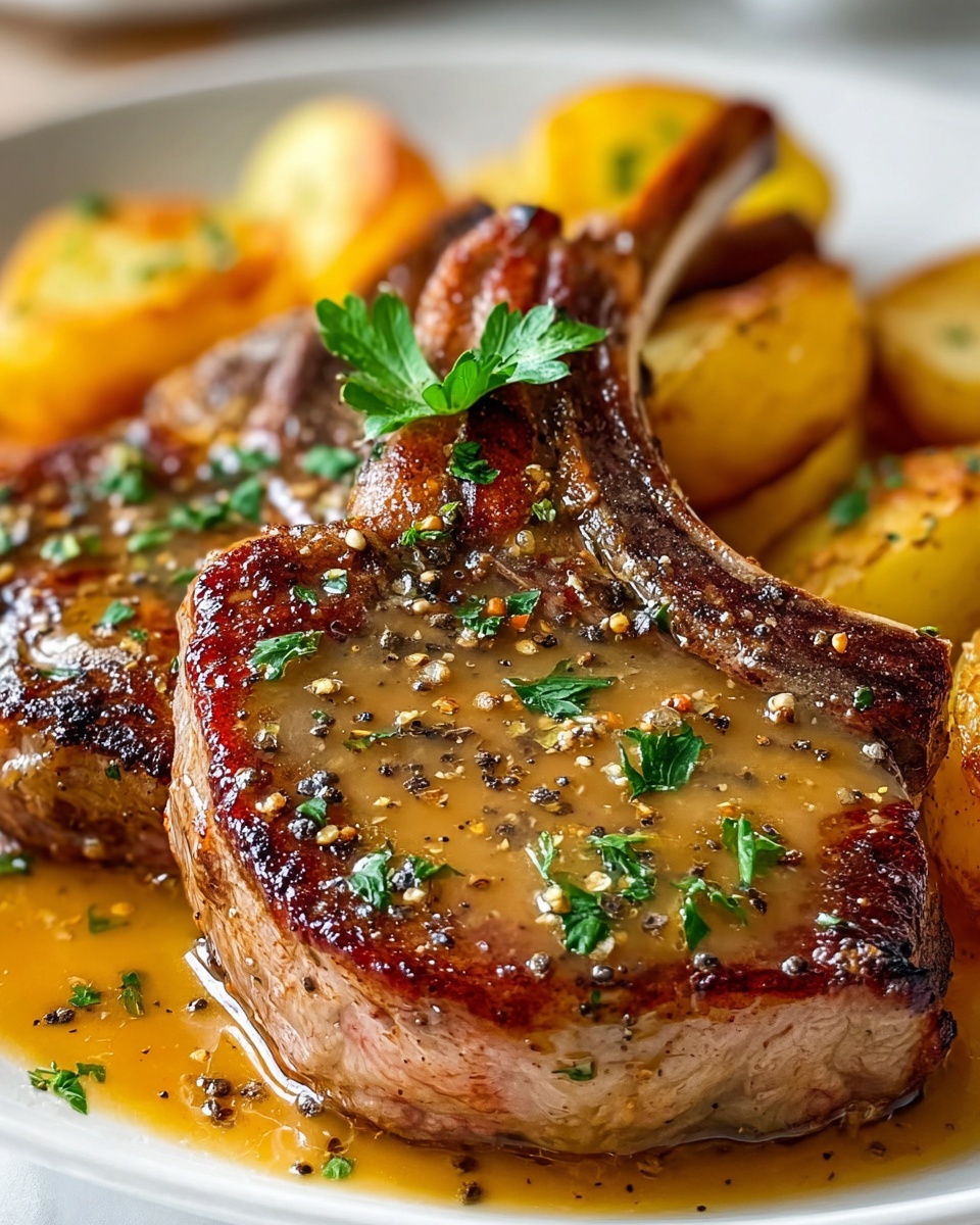 The image shows a close-up of two grilled lamb chops lying on a white plate. Each chop has a brown crust with grill marks and a juicy, tender inside. They are topped with a light yellow sauce, sprinkled with black pepper and fresh green parsley leaves. Behind the lamb chops, there are golden roasted potato cubes, which have crispy edges and are also garnished with green herbs. The plate is set on a white marbled surface, adding a clean and elegant background to the food. photo taken with an iphone --ar 4:5 --v 7