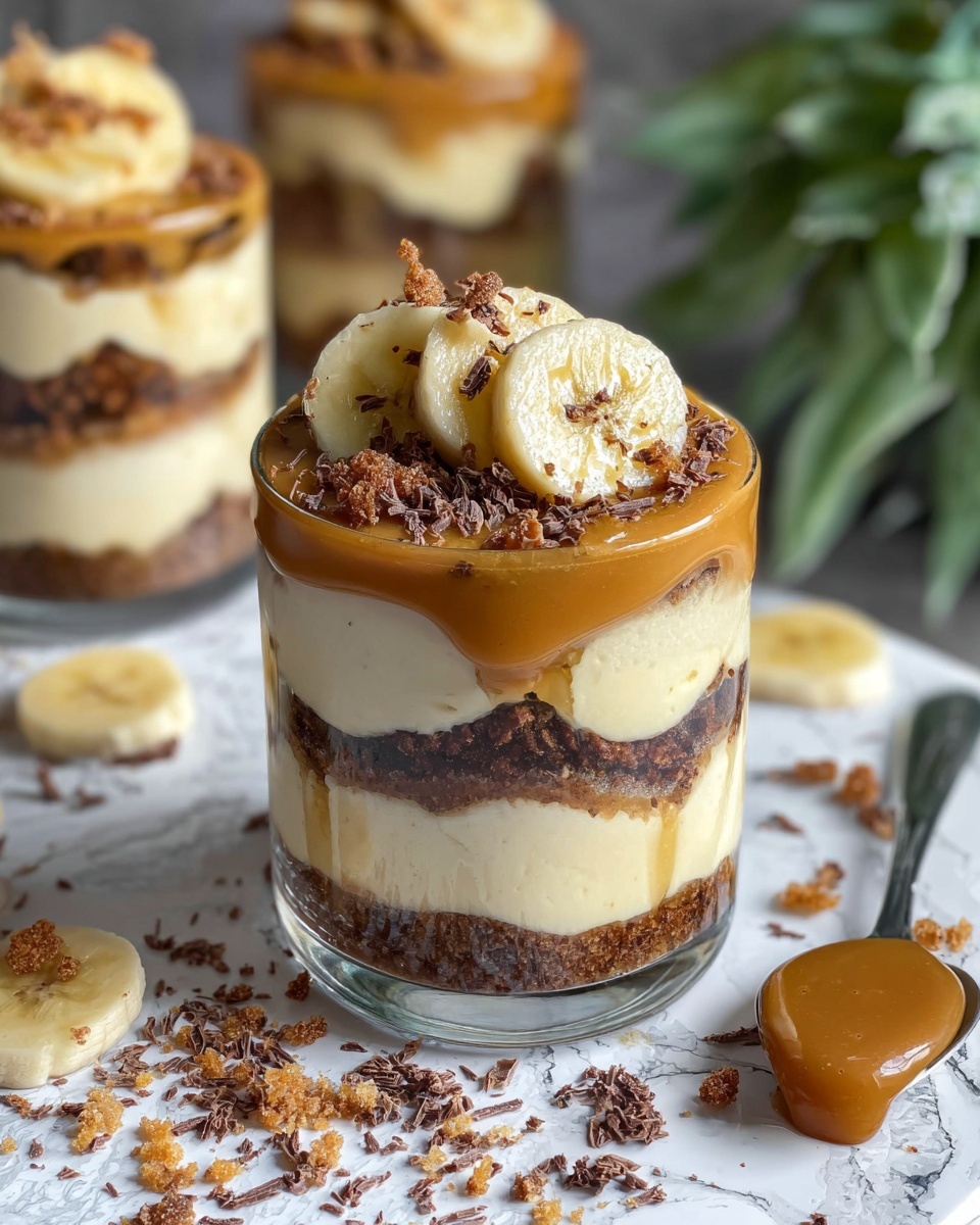 The image shows a glass dessert with four clear layers arranged inside: the bottom layer is a dark crumbly texture, followed by a light creamy layer mixed with slices of banana, then another crumbly dark layer, and topped with a thick light caramel-like layer. On top, there are banana chips, small brown crumb pieces, and fine chocolate shavings as decoration. The glass sits on a white marbled surface with scattered banana chips and crumbs around, and a spoon with caramel sauce on the right side. Other similar glasses are blurred in the background alongside a green plant. photo taken with an iphone --ar 4:5 --v 7