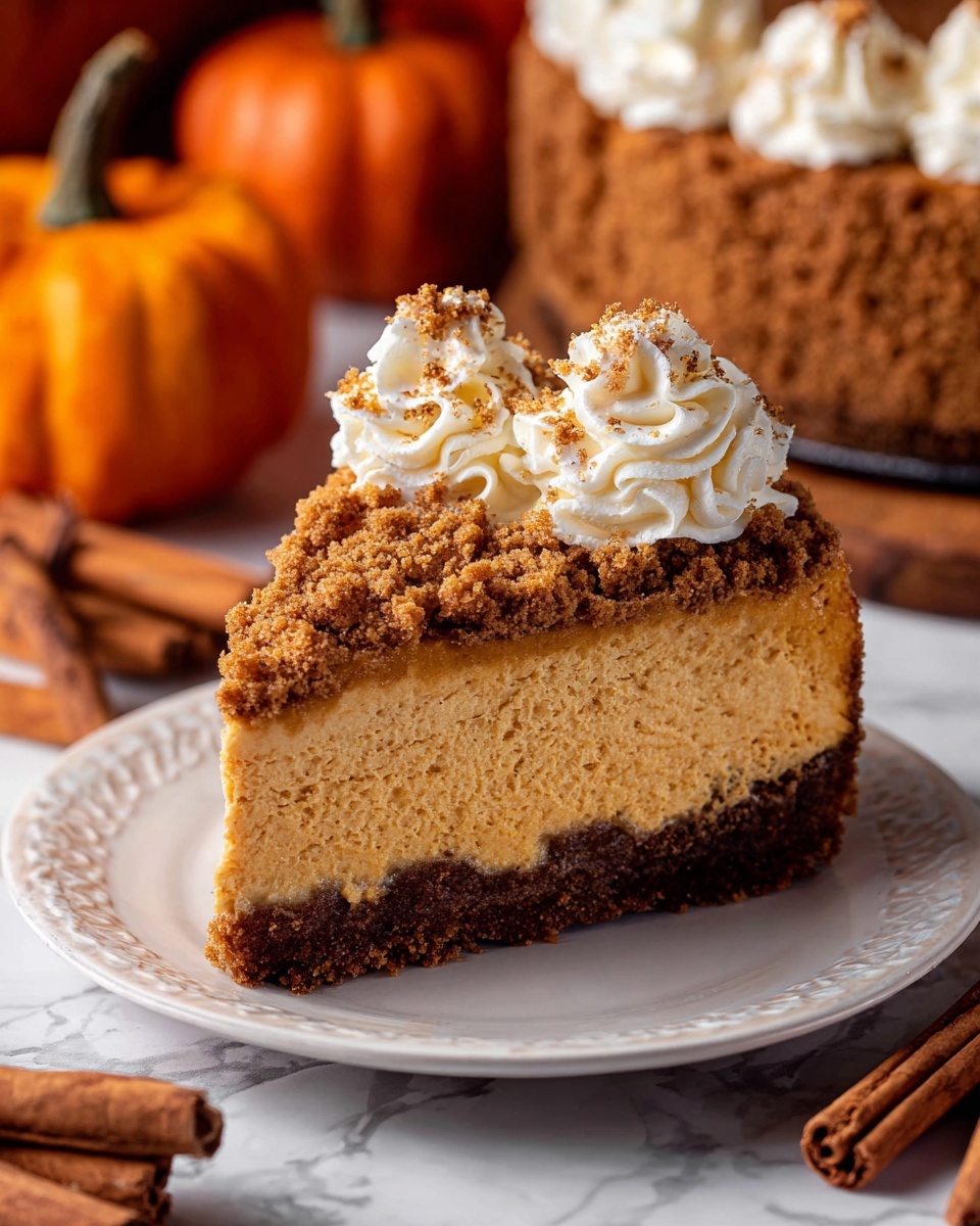 The image shows a thick square piece of pumpkin cheesecake with three distinct layers on a white plate: the bottom layer is a dark brown crumbly crust, the middle layer is a light orange creamy pumpkin cheesecake with a smooth texture, and the top layer is a crumbly brown streusel topping. On top of the streusel, there is a generous swirl of white whipped cream sprinkled lightly with brown crumbs. A small piece of cheesecake with the crust is broken off and held by a silver fork resting on the plate. In the background, there are blurred small orange pumpkins and a wooden surface beneath, replaced with a white marbled texture. Photo taken with an iphone --ar 4:5 --v 7