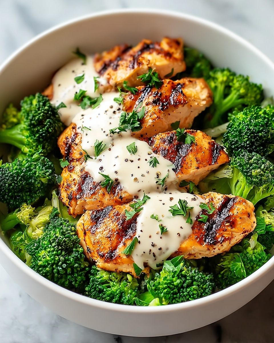 The image shows a white bowl filled with bright green broccoli florets at the bottom layer, with five pieces of grilled chicken placed on top. Each chicken piece has a golden-brown color with dark grill marks and is sprinkled with small black pepper bits. A thick white sauce is drizzled over the chicken, and small green parsley leaves are scattered on top as garnish. The bowl is placed on a white marbled surface. Photo taken with an iphone --ar 4:5 --v 7