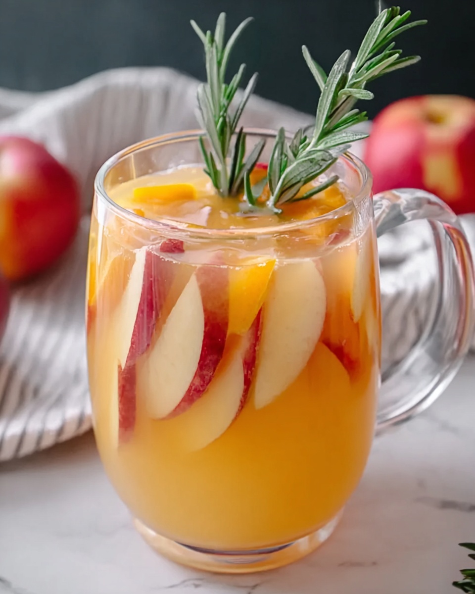 A clear glass pitcher filled with light yellow-orange liquid, with several thick slices of red and yellow apples and bright orange citrus peels floating inside. Sprigs of fresh green rosemary stand up among the fruit slices, adding a touch of texture and height. The pitcher is set on a white marbled surface, with blurred apples and greenery softly visible in the background, creating a fresh and inviting scene. Photo taken with an iphone --ar 4:5 --v 7