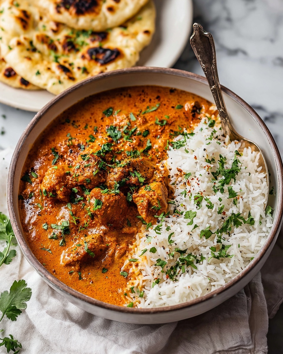 Pumpkin Butter Chicken: A Delicious Fall Twist on a Classic Recipe 5 A white bowl filled with two main layers: on one side, fluffy white rice sprinkled lightly with chopped green herbs and small brown spices; on the other side, a thick orange-brown curry with visible chunks of tender meat covered in sauce and topped with fresh green cilantro leaves; a silver spoon stands in the curry side of the bowl. The bowl rests on a soft light gray cloth over a white marbled surface, with blurred greenery and a warm yellow light in the background. In the upper left corner, a white plate holds soft naan bread with charred spots. photo taken with an iphone --ar 4:5 --v 7
