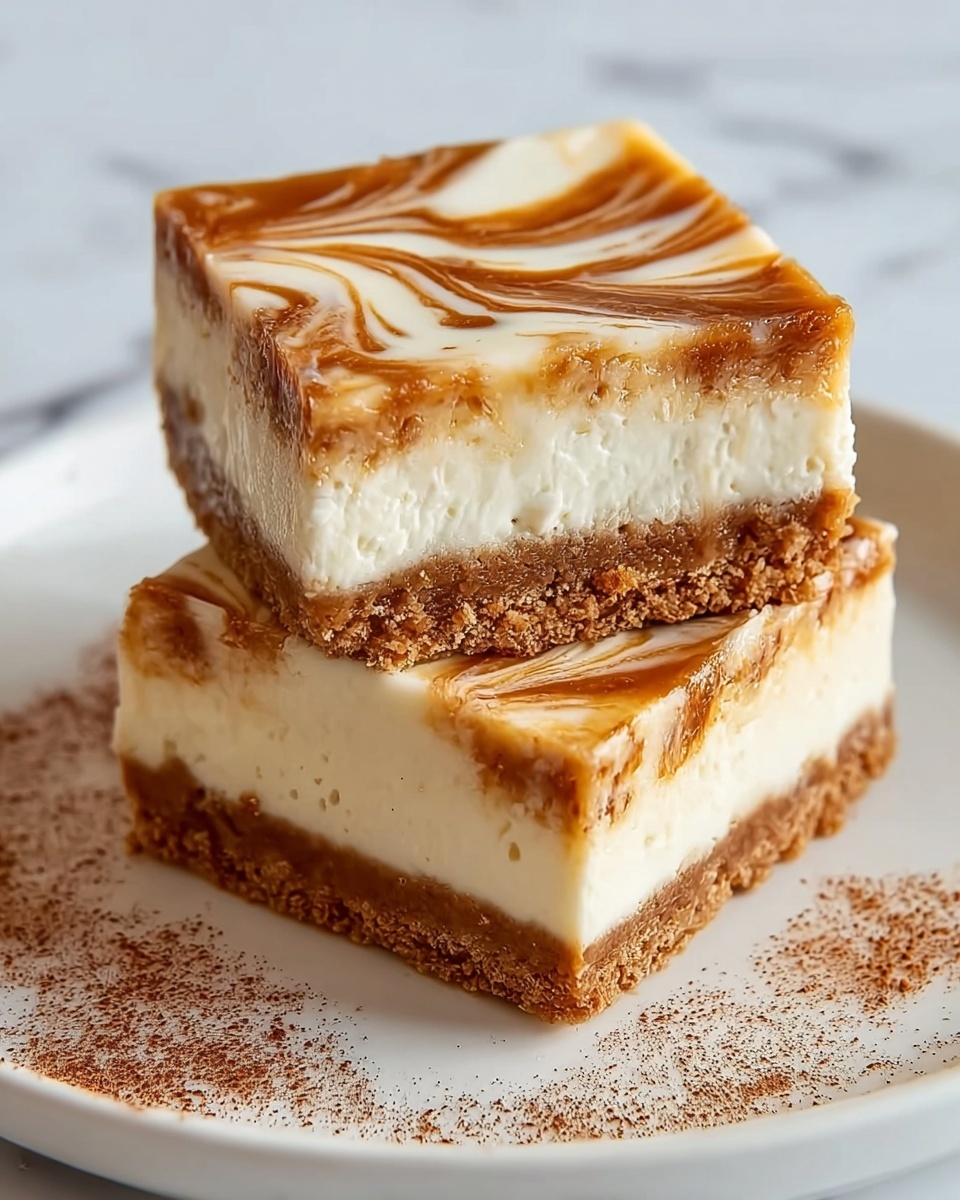 Two square pieces of dessert stacked on a white plate with a white marbled surface beneath. Each piece has three distinct layers: the bottom layer is thick and crumbly with a brown color, the middle layer is thick, smooth, and creamy white, and the top layer is a mix of swirled caramel and white cream creating wavy patterns. There is a light dusting of brown powder sprinkled on the plate near the dessert. The photo taken with an iphone --ar 4:5 --v 7
