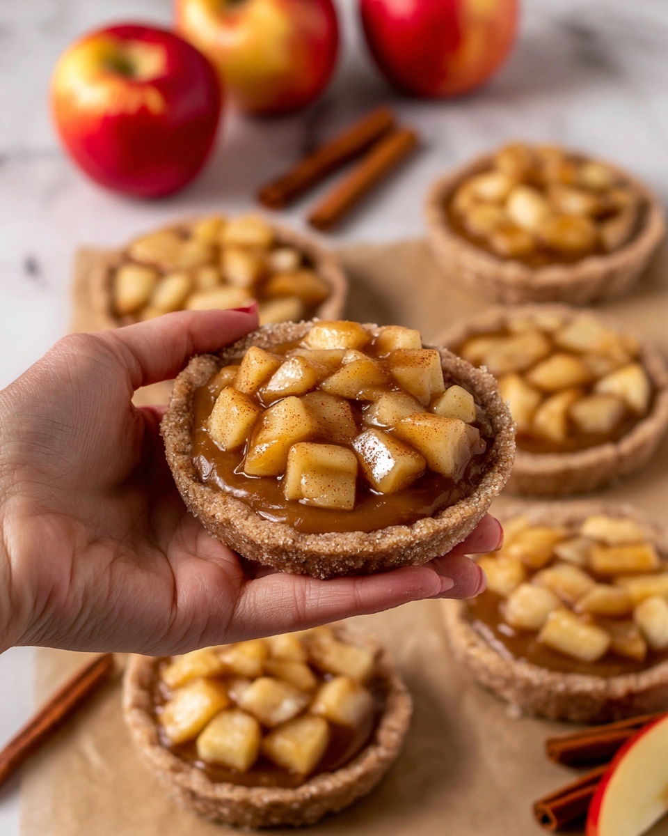 Vegan Apple Pie Cookies Recipe 6 This image shows a close-up of a small round tart with two layers. The base layer is a thick, textured, light brown crust with a rough edge, shaped into a shallow bowl. The top layer is glossy and sticky, filled with warm, small diced apple pieces in a syrupy cinnamon sauce, giving a rich amber color with specks of cinnamon. One tart has a small bite taken out of it on the right side. The tarts rest on a light brown parchment paper surface with cinnamon sticks and apple slices nearby, all set on a white marbled texture. photo taken with an iphone --ar 4:5 --v 7