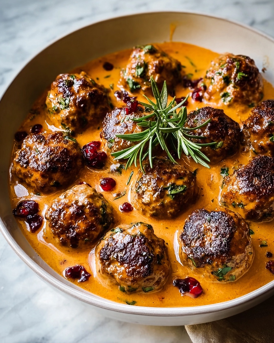 The image shows a dish of round, browned meatballs covered in a creamy light brown sauce inside a white bowl. The meatballs have a slightly crispy, golden-brown outer layer with small specks of green herbs. They are coated evenly by the smooth sauce that pools at the bottom of the bowl, adding a creamy texture. On top, fresh green herb sprigs add a pop of color, sitting mostly in the center. The bowl rests on a white marbled surface. photo taken with an iphone --ar 4:5 --v 7