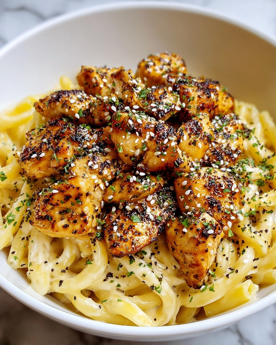 A white bowl holds a creamy layer of pale yellow pasta with visible seasoning, topped by a layer of grilled golden-brown chicken pieces coated in a shiny sauce with black pepper and white sesame seeds scattered on top, finished with small green herb bits sprinkled over the chicken. The dish is set on a white marbled surface. photo taken with an iphone --ar 4:5 --v 7