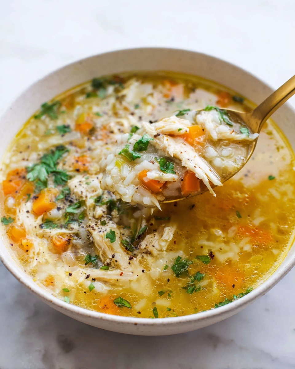Homemade Chicken Barley Soup Recipe 5 A white bowl filled with clear, golden broth soup that has layers of soft shredded white chicken pieces, small orange carrot bits, translucent cooked onions, and white rice grains all mixed together. The surface of the soup shows small green cilantro leaves sprinkled on top along with black pepper flakes. A gold spoon is lifting a spoonful of the soup, showing the mix of juicy chicken, rice, and vegetables in the center. The bowl sits on a white marbled surface. Photo taken with an iphone --ar 4:5 --v 7