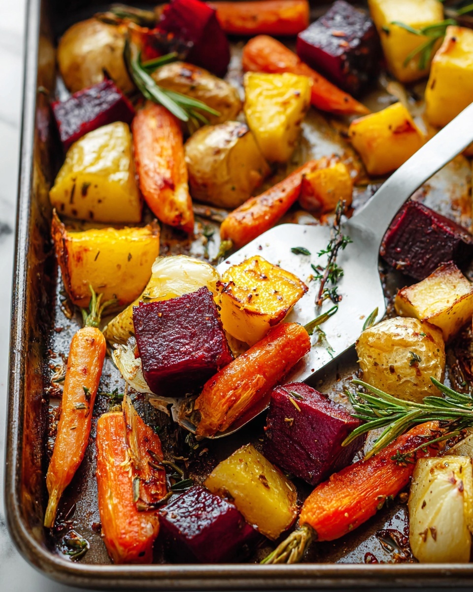 A baking tray filled with three to four layers of roasted vegetables scattered across it, including golden yellow parsnips with a slightly crisp texture, bright orange carrot rounds and cubes, deep purple beet chunks with a soft interior, and light brown onion pieces with caramelized edges. The vegetables show a mix of roasted textures with some slight charring and a sprinkle of fresh green thyme leaves on top for garnish. A small bunch of fresh rosemary lies across the upper part of the tray, adding a fresh green touch. The baking tray is set on a white marbled surface with some fresh herbs in small wooden and white bowls visible at the edges, giving a cozy and fresh kitchen feel. photo taken with an iphone --ar 4:5 --v 7