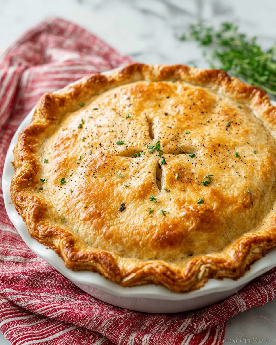 The image shows a golden brown pie with a flaky crust in a white pie dish. The crust edge is crimped with a scalloped pattern all around. The top crust is slightly domed with four slits shaded darker for steam ventilation. Small green herb pieces and black pepper specks are sprinkled over the crust, adding texture and color. The pie rests on a red and white striped cloth over a white marbled surface, with some green herb sprigs nearby. photo taken with an iphone --ar 4:5 --v 7