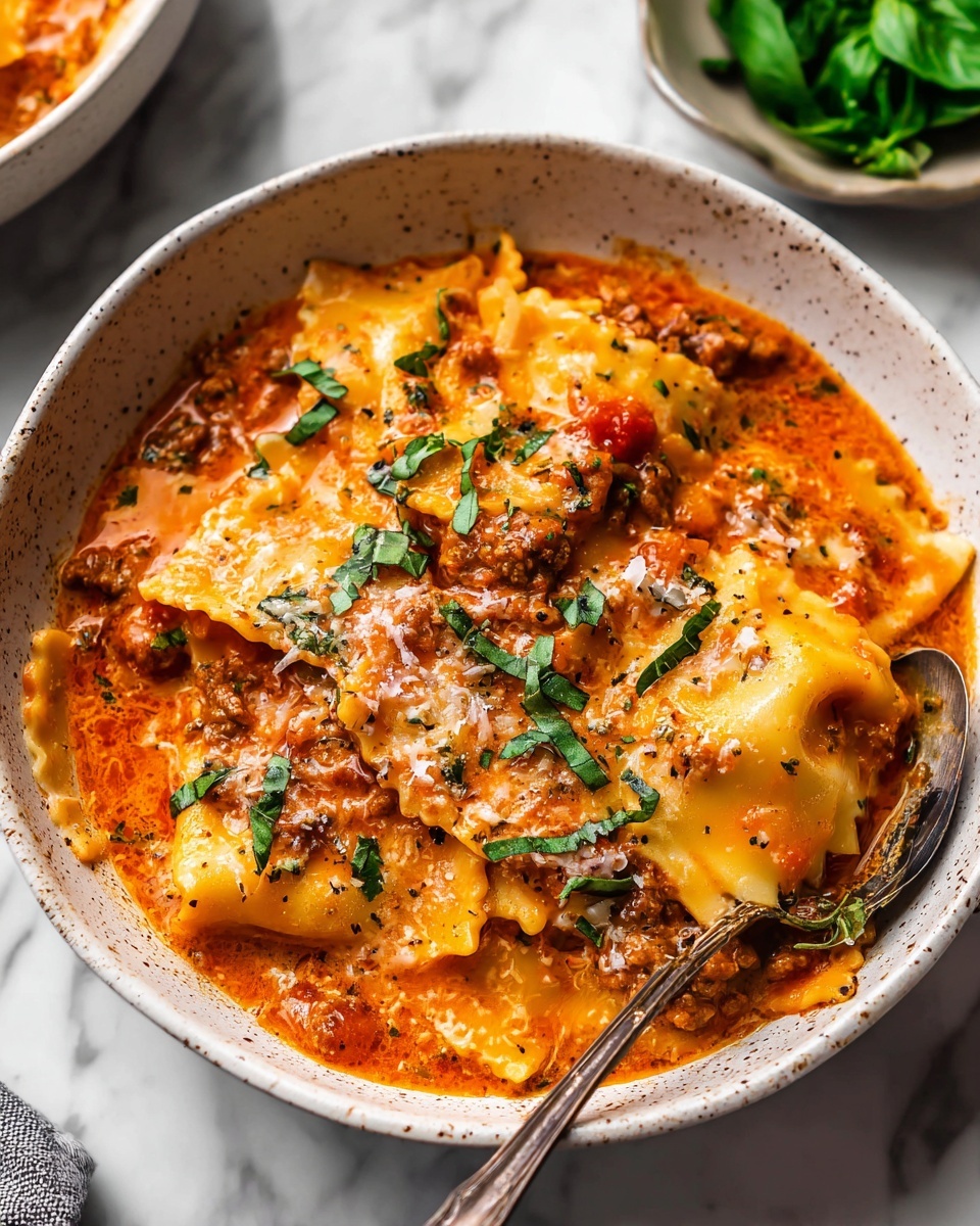 The image shows a bowl of lasagna soup with visible layers of wide, flat pasta sheets in creamy orange-red tomato sauce. The soup is textured with small meat pieces and melted cheese, topped with fresh green basil shreds. The pasta pieces are soft and thick, partially submerged in the sauce, which has a rich and smooth look with occasional tomato chunks. A spoon is partially dipped into the soup inside a speckled bowl, placed on a white marbled surface. In the background, there is a small bowl with fresh green basil leaves visible. photo taken with an iphone --ar 4:5 --v 7