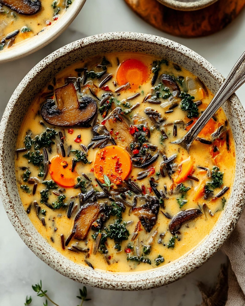 A speckled bowl filled with creamy soup that has visible layers of dark brown mushroom slices, bright orange carrot rounds, deep green kale pieces, and thin strands of dark wild rice. The soup base is light golden with small red pepper flakes and chopped herbs scattered over the top. A silver spoon rests inside the bowl, reflecting light against the soup surface. The bowl sits on a white marbled surface with part of a wooden round board and another bowl blurred in the background, creating a warm and inviting scene. photo taken with an iphone --ar 4:5 --v 7