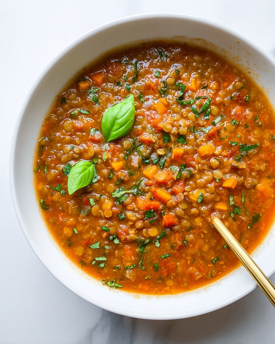 A white bowl filled with a thick red-orange lentil soup, showing small green lentils and tiny diced orange carrot pieces throughout. The top layer has fresh green herbs, some finely chopped and some whole leaves, scattered evenly. A gold spoon is placed inside the bowl, with part of its handle visible resting on the edge. The bowl sits on a white marbled surface. Photo taken with an iphone --ar 4:5 --v 7