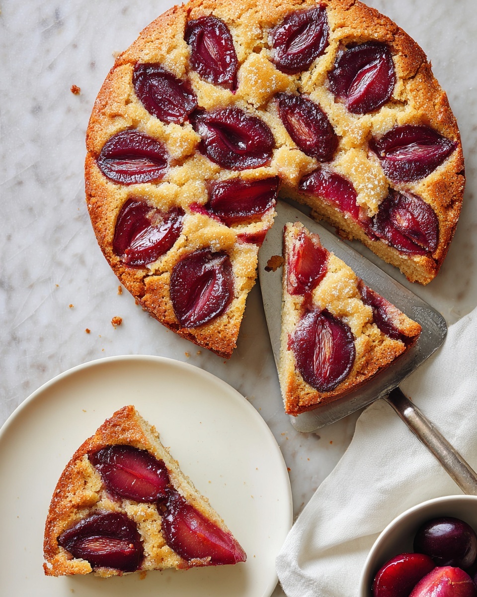 A round cake with a golden brown textured surface topped with evenly spaced, dark red plum slices arranged in a circular pattern; one slice is lifted above the cake on a silver spatula, revealing a moist inside with a slightly reddish tint from the fruit; a single cake slice sits on a stack of two white plates below the cake; the scene is set on a white marbled textured surface with a crumpled white cloth to the right; photo taken with an iphone --ar 4:5 --v 7
