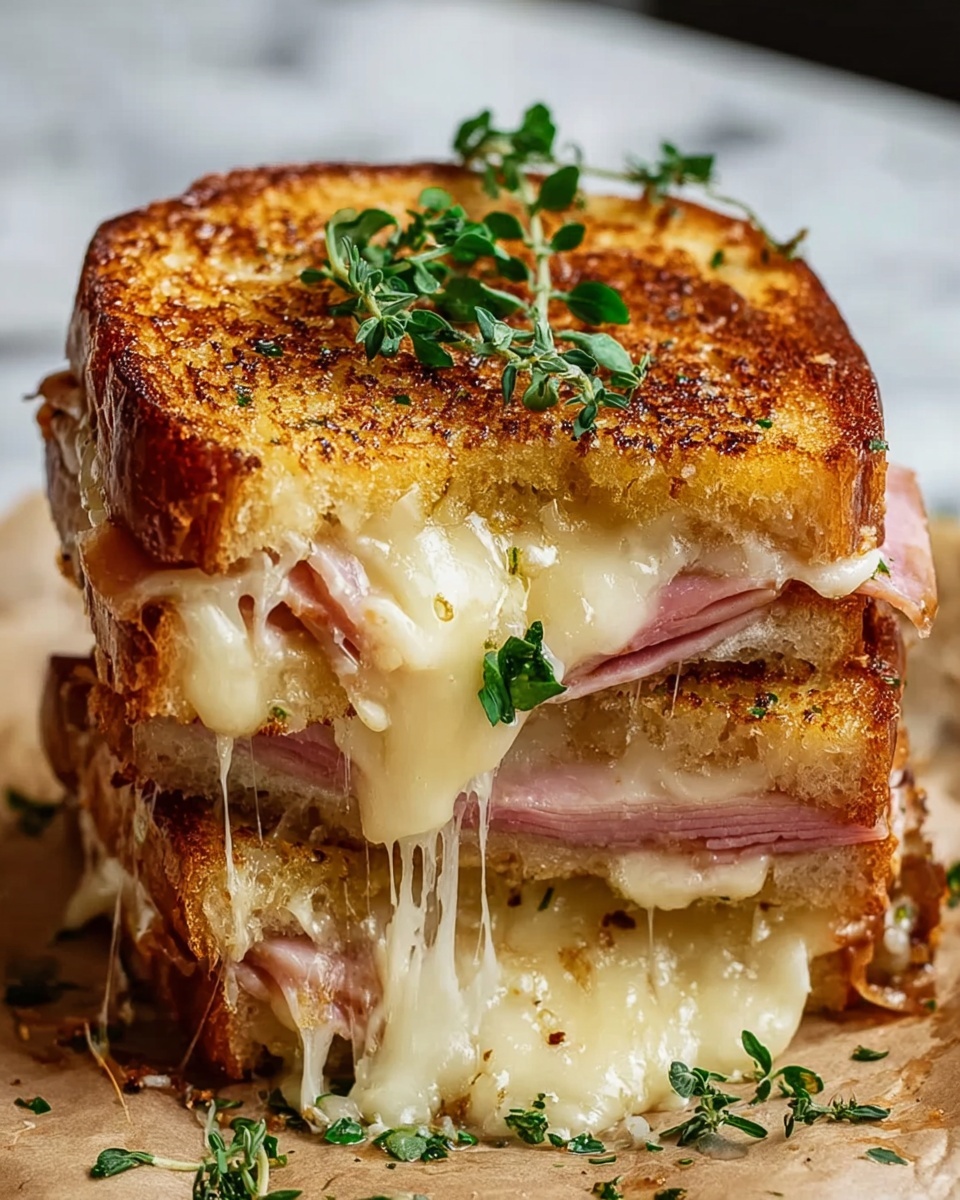 Savory French Croque Monsieur for Homemade Comfort Bliss Recipe 6 A grilled sandwich stacked with three layers: the top and bottom layers are golden-brown toasted bread with a crisp, slightly textured surface, and in the middle are thick slices of pink ham and a large amount of creamy melted cheese oozing out from between the bread slices, dripping down the sides in gooey strands. Small green herb leaves sit on top as garnish, and the sandwich rests on parchment paper placed over a white marbled surface. photo taken with an iphone --ar 4:5 --v 7