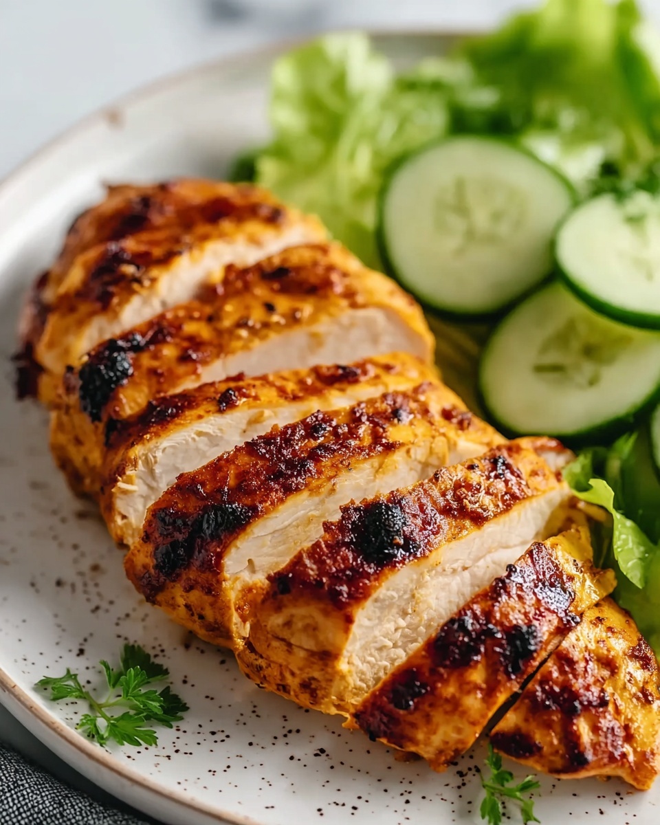 Air Fryer Chicken Breast Recipe 5 The image shows a close-up of a sliced, grilled chicken with a golden brown, slightly charred surface, revealing tender white meat inside; the chicken is arranged in five thick pieces laid out on a white plate with a speckled pattern, next to a fresh side of green lettuce and thin slices of cucumber, all set against a white marbled background. photo taken with an iphone --ar 4:5 --v 7