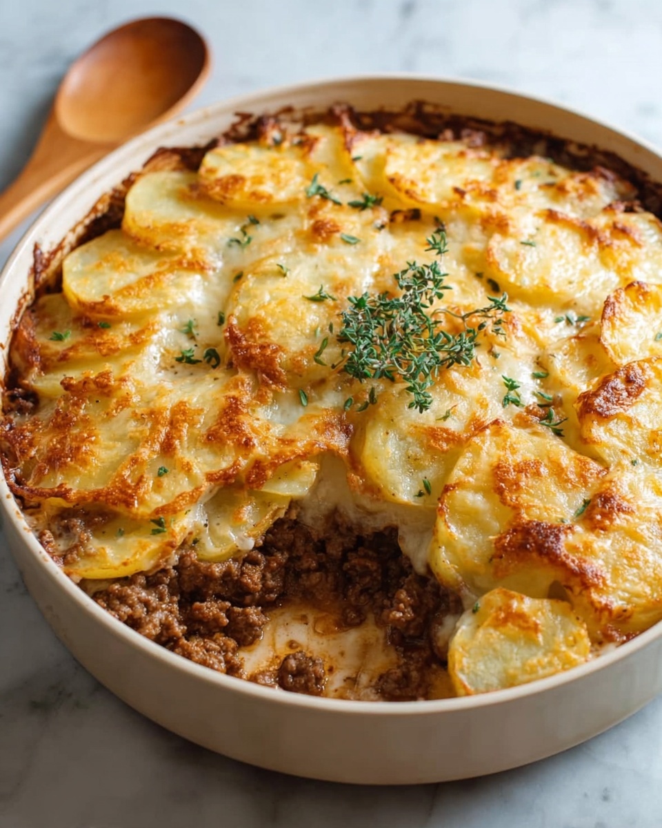 A square piece of layered casserole sits on a white plate, placed on a white marbled surface. The dish has three visible layers: a base layer of cooked ground meat with a brown, crumbly texture, a middle thick layer of light beige sliced potatoes, and a top thick layer of golden melted cheese with a slightly crispy texture. Small green herbs are sprinkled on top. A silver spoon rests on the plate next to the dish. Photo taken with an iphone --ar 4:5 --v 7