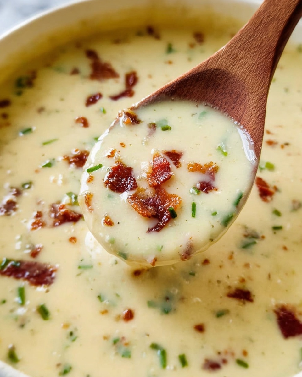 A close-up of a creamy soup served in a white bowl, filling most of the bowl with a smooth, pale yellow base. Scattered on top are small, crispy brown bacon pieces and bright green chopped chives, adding texture and color contrast. A silver spoon is lifted from the bowl by a woman's hand, slightly swirling the soup, showing its thick, rich consistency. The background is a white marbled surface. photo taken with an iphone --ar 4:5 --v 7