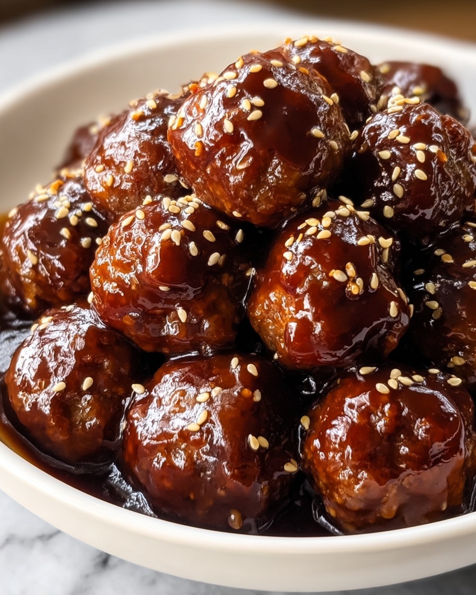 Omurice (Japanese Rice Omelet) Recipe 5 A close-up view of a white plate filled with about ten round meatballs coated in a thick, shiny dark brown sauce. The sauce is glossy with a sticky texture, pooling slightly around the base of the meatballs. White sesame seeds are sprinkled evenly on top, adding small light spots against the dark sauce. The meatballs look tender with a slightly uneven surface under the sauce, stacked in a loose pile. The backdrop and surface are a white marbled texture, and soft natural light comes from the side. photo taken with an iphone --ar 4:5 --v 7