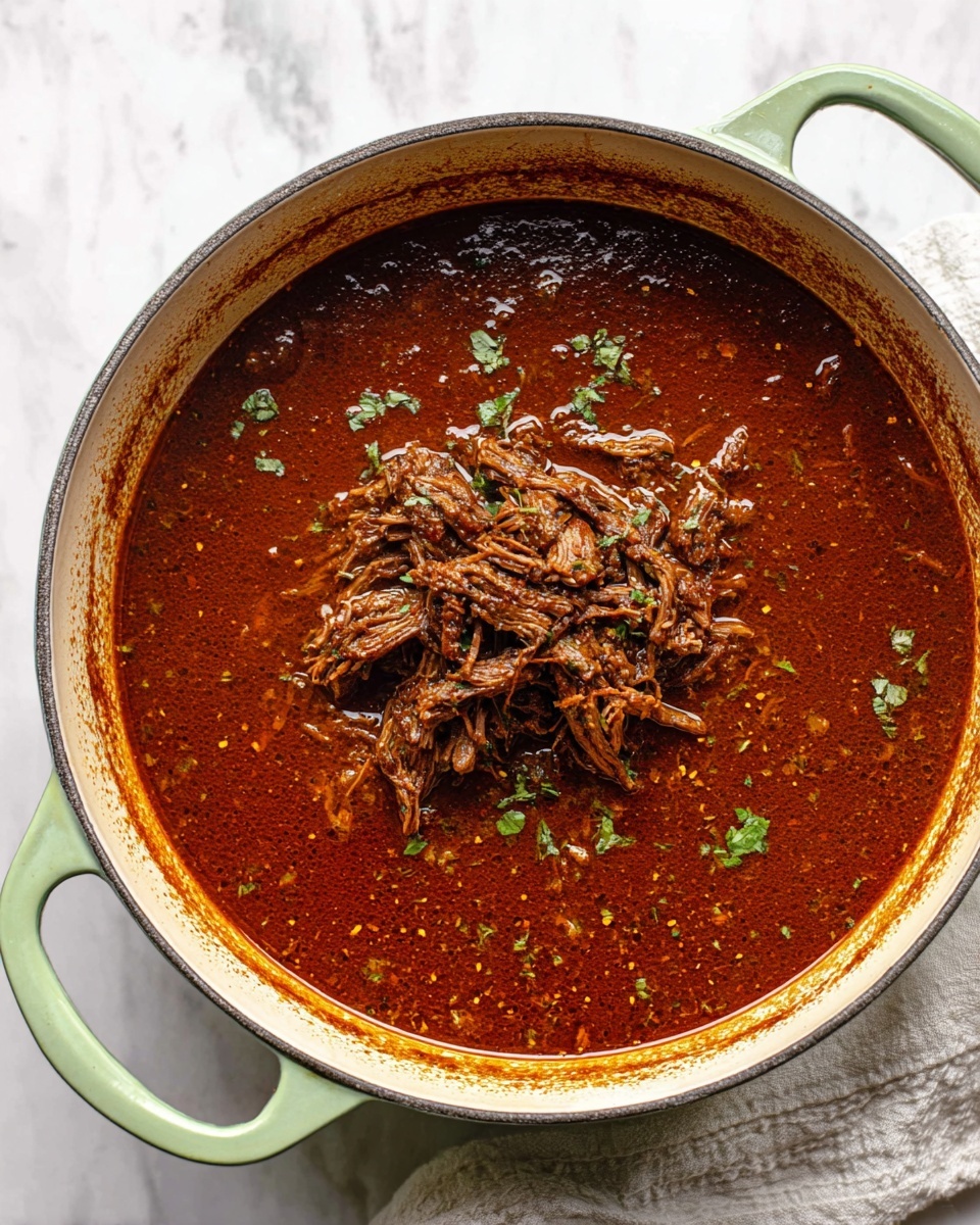 A white pot with light green handles sits on a white marbled surface, filled with a rich, dark red-brown sauce. Inside the pot, there are nine pieces of browned meat with a slightly crispy texture, each piece resting partially submerged in the sauce. Two sprigs of fresh green rosemary and two pale green bay leaves float on top, adding contrast and detail. The sauce looks thick with visible small bits, and the pot is placed on a white and gray striped cloth. Photo taken with an iphone --ar 4:5 --v 7