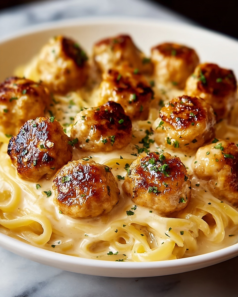 Garlic Butter Chicken Bites with Creamy Parmesan Pasta Recipe 6 A white bowl filled with a base layer of smooth, light yellow spaghetti noodles neatly arranged in a nest shape. On top, there are several browned, small, round pieces of cooked chicken with a glossy, slightly crispy surface that shows a golden-brown sear. The chicken pieces are sprinkled with finely chopped green herbs, adding a fresh, bright touch. The whole dish is presented on a white marbled surface. Photo taken with an iphone --ar 4:5 --v 7