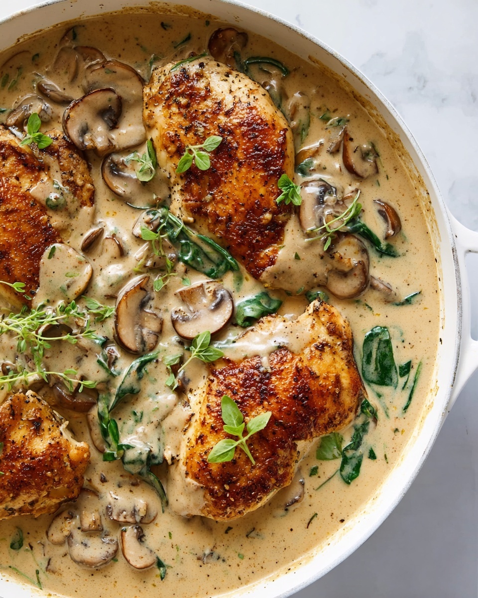 The image shows a white pan filled with three pieces of golden brown cooked chicken, topped with a creamy light beige mushroom sauce that has visible slices of mushrooms and green spinach leaves mixed in. The chicken pieces are arranged closely, partially covered by the sauce, which has a smooth and slightly thick texture. Small green herb leaves are placed on top of the chicken as garnish. The pan sits on a white marbled surface. photo taken with an iphone --ar 4:5 --v 7