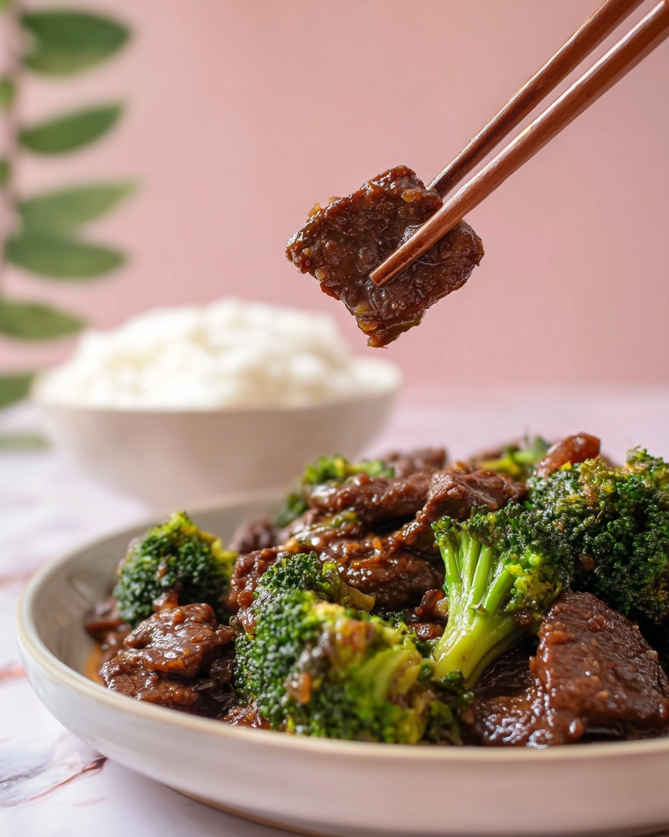 The dish shows a bowl filled with dark brown beef pieces and bright green broccoli florets mixed in a glossy brown sauce, giving a rich texture. The bowl is white and round, sitting on a white marbled surface with a soft pink cloth nearby. In the background, there is a white bowl inside filled with white rice, and a small green plant in a white pot adds a touch of color. Pink chopsticks rest near the bottom right of the image. Photo taken with an iphone --ar 4:5 --v 7