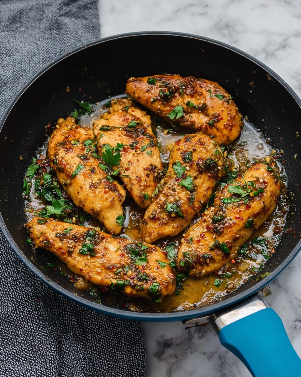 The image shows a black frying pan with a blue handle containing six pieces of cooked chicken tenderloins. The chicken is golden-brown with a slightly glossy texture from a garlic and herb sauce. Green parsley leaves are scattered over the chicken, adding a fresh contrast. The sauce has bits of garlic and chili flakes visible, pooling lightly at the bottom of the pan. To the left side outside the pan is a gray textured cloth on a white marbled surface. The lighting highlights the crispy edges and moist texture of the chicken. Photo taken with an iphone --ar 4:5 --v 7