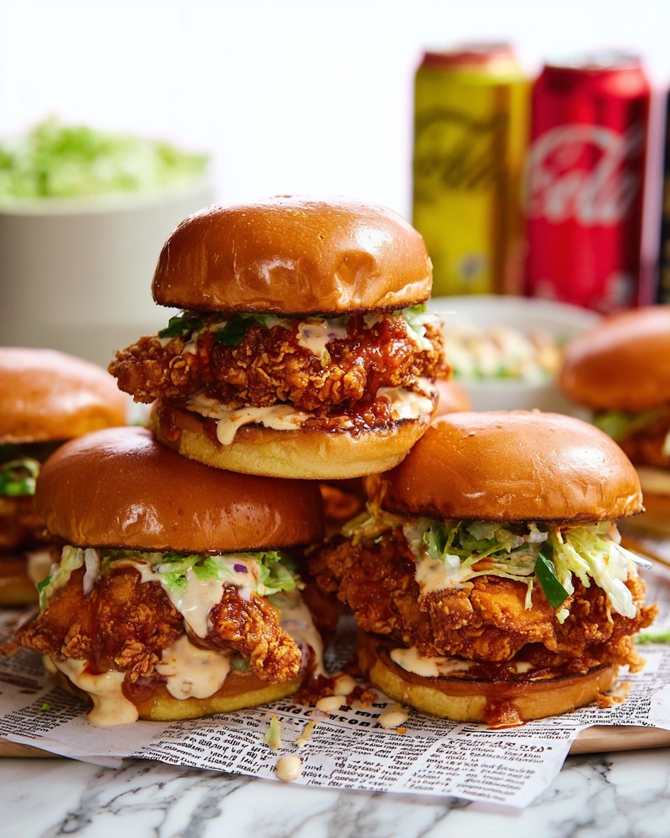 The image shows three crispy fried chicken sandwiches stacked together on a white marbled surface lined with printed paper. Each sandwich has a shiny, golden brown bun on top and bottom. Inside, there is a crispy fried chicken fillet with a glossy, dark brown sauce coating, topped with white creamy sauce and small green herb pieces. The bottom bun is soft and lightly textured. A woman's hand is lifting the top sandwich, showing the chicken and sauce clearly. In the background, two canned drinks, one red and one yellow, are slightly out of focus. The lighting is bright and natural, highlighting the juicy texture and layers of the sandwiches. Photo taken with an iphone --ar 4:5 --v 7