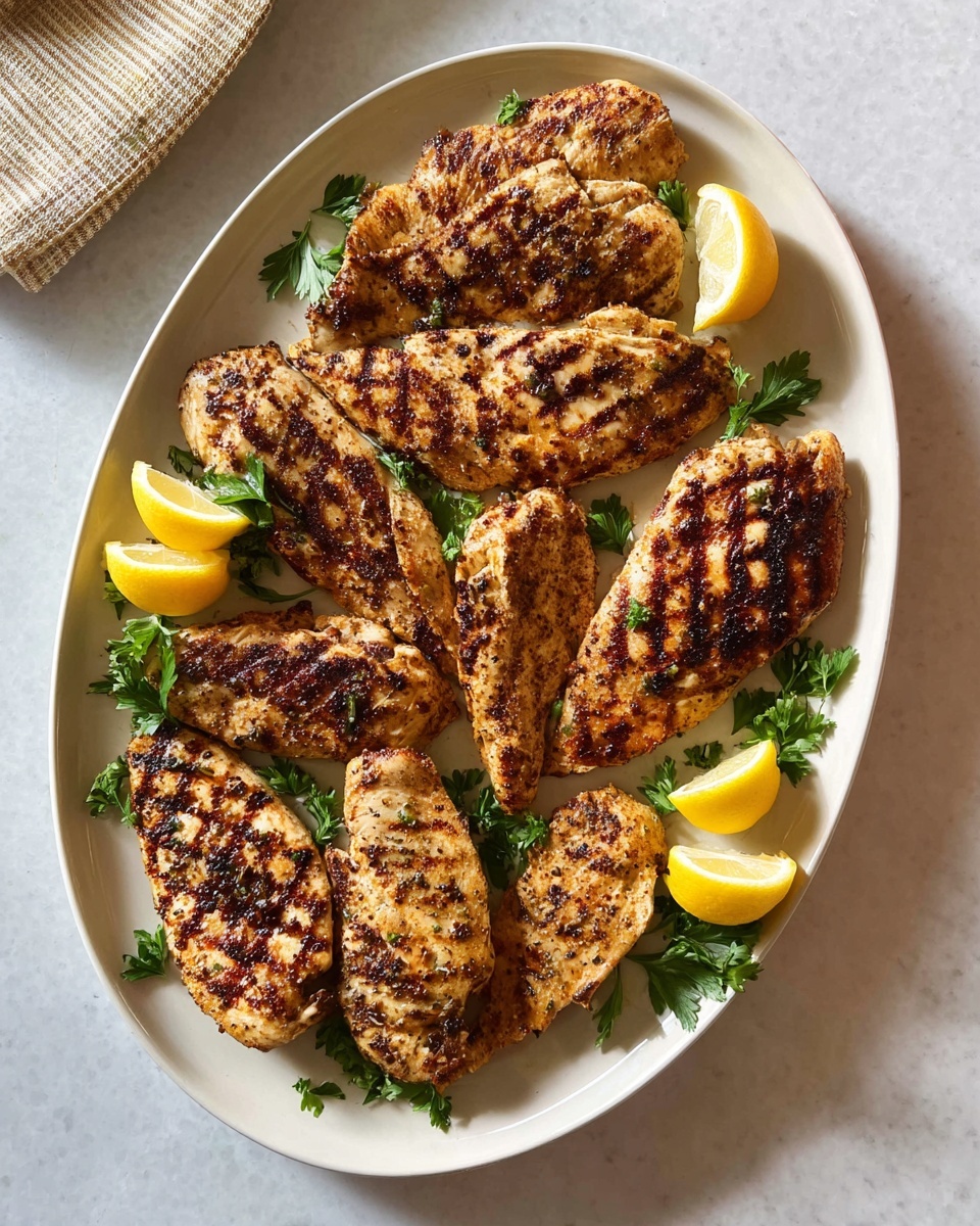 A white plate filled with six grilled chicken pieces stacked closely, showing golden brown and charred grill marks, with a textured and slightly rough surface. Bright green parsley leaves peek out between the pieces, scattered across the plate. Three lemon wedges with a pale yellow color are placed among the chicken, adding a fresh look. Two whole bright yellow lemons sit on a white marbled surface next to the plate. photo taken with an iphone --ar 4:5 --v 7