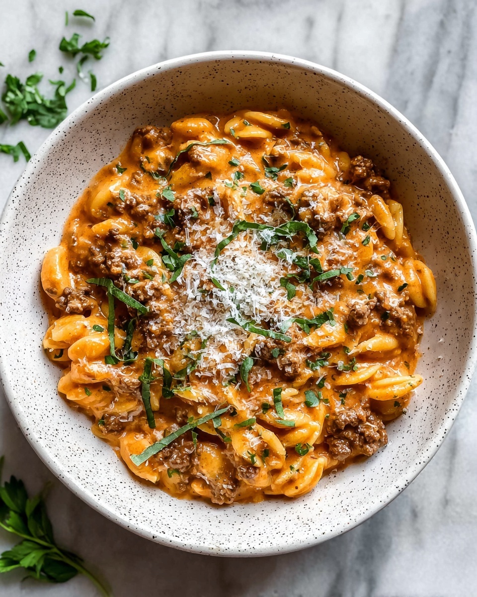 A white speckled bowl is filled with a creamy orange sauce mixed with small pieces of brown ground meat and short, thin yellow pasta pieces. The dish is topped with scattered green herbs, giving a nice contrast to the warm colors of the sauce and meat. The bowl sits on a white marbled surface with some crumbs and green herb pieces around it. photo taken with an iphone --ar 4:5 --v 7