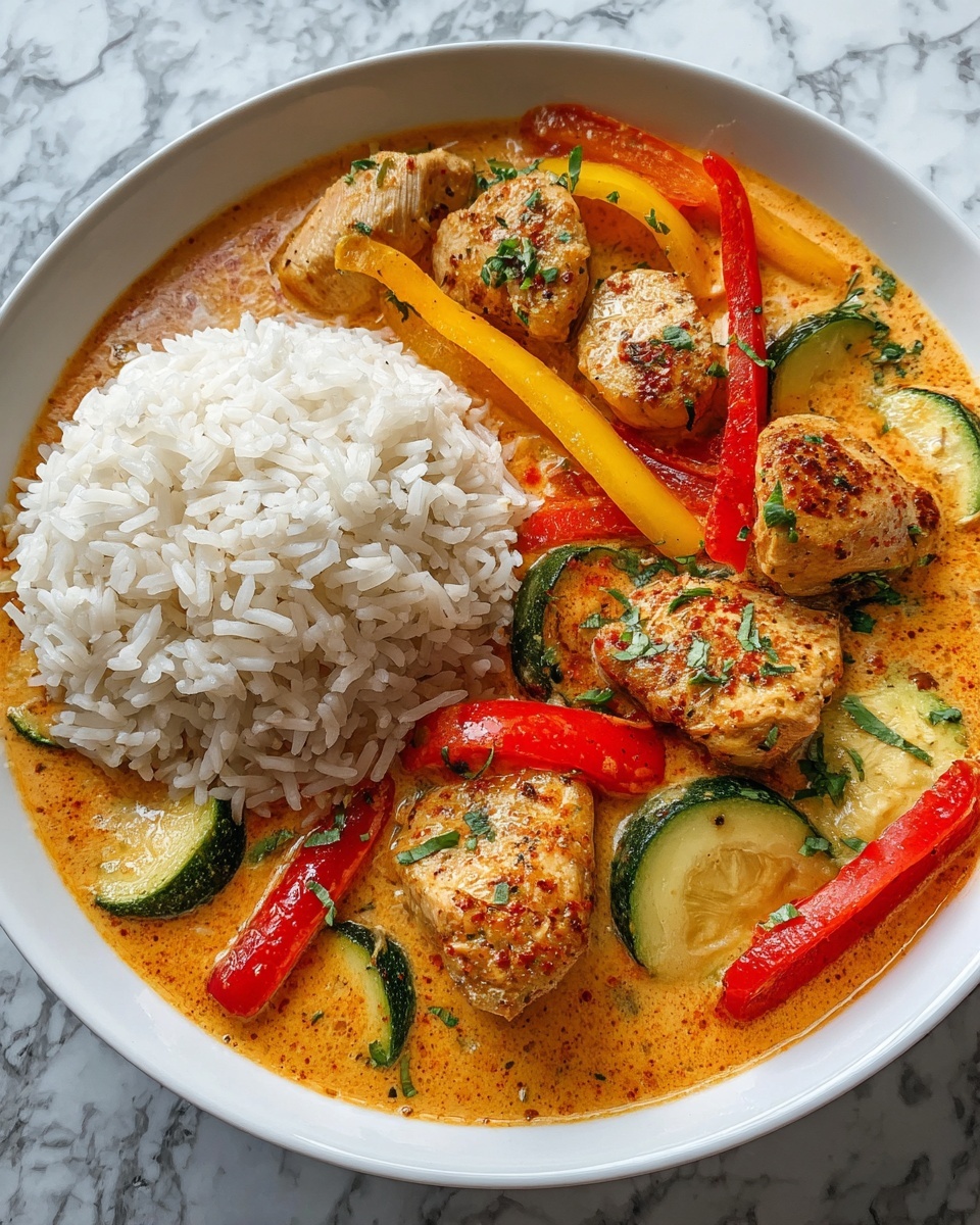 A white bowl filled with three thick pieces of light golden chicken in a smooth, creamy orange curry sauce, which spreads across the bottom half of the bowl. Mixed in the sauce are slices of red and yellow bell peppers and green zucchini, adding pops of color and texture. The top half of the bowl holds a neat mound of fluffy, white rice with well-separated grains. The bowl is placed on a white marbled surface. photo taken with an iphone --ar 4:5 --v 7