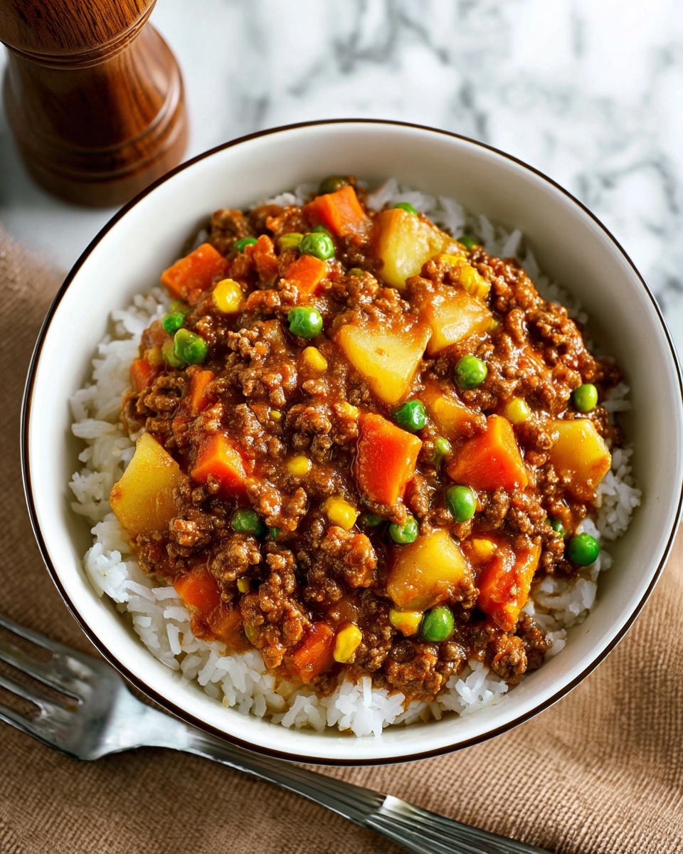 A white bowl filled with a base layer of white rice, topped with a thick mix of ground meat, diced orange carrots, yellow corn, green peas, and beige potato chunks, all covered in a brown sauce with visible black pepper sprinkled on top. The bowl is placed on a white marbled surface next to a silver fork. Photo taken with an iphone --ar 4:5 --v 7