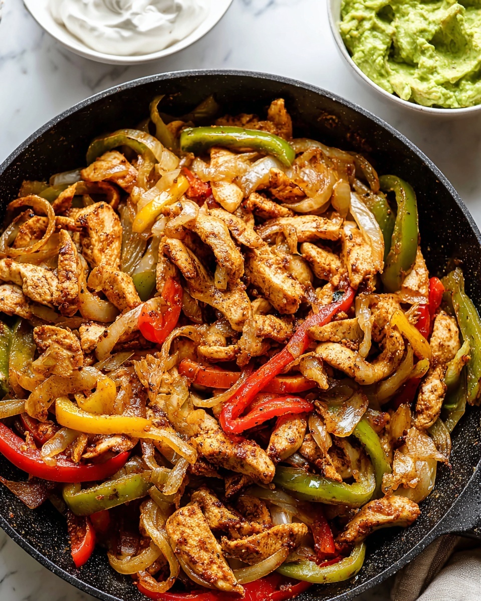 Easy Chicken Fajitas with Colorful Vegetables and Classic Toppings Recipe 6 The image shows a close-up of a black pan filled with cooked strips of golden-brown chicken mixed with thin sliced sautéed onions and colorful bell peppers in red, green, and yellow. The chicken pieces have a soft texture with light grill marks and the vegetables appear tender with some caramelized edges. In the background, there are two small white bowls on a white marbled surface, one containing dollops of sour cream and the other filled with green guacamole, creating a bright contrast. The photo taken with an iphone --ar 4:5 --v 7