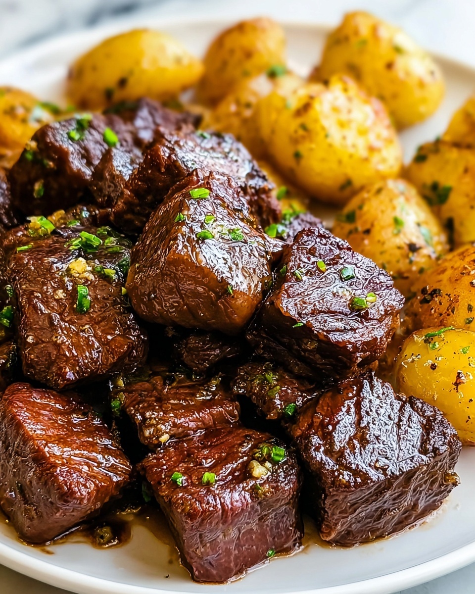 Garlic Butter Steak Bites and Potatoes (Tender & Crispy!) Recipe 5 The image shows a white speckled plate filled with two main layers of food. On the left side, there are many small, juicy, brown cubes of cooked meat with a shiny glaze and sprinkled green herbs on top. On the right side, there are several small roasted yellow potatoes, some with a light golden crust, also sprinkled with green herbs. The food looks warm and fresh, sitting on a white marbled surface. photo taken with an iphone --ar 4:5 --v 7