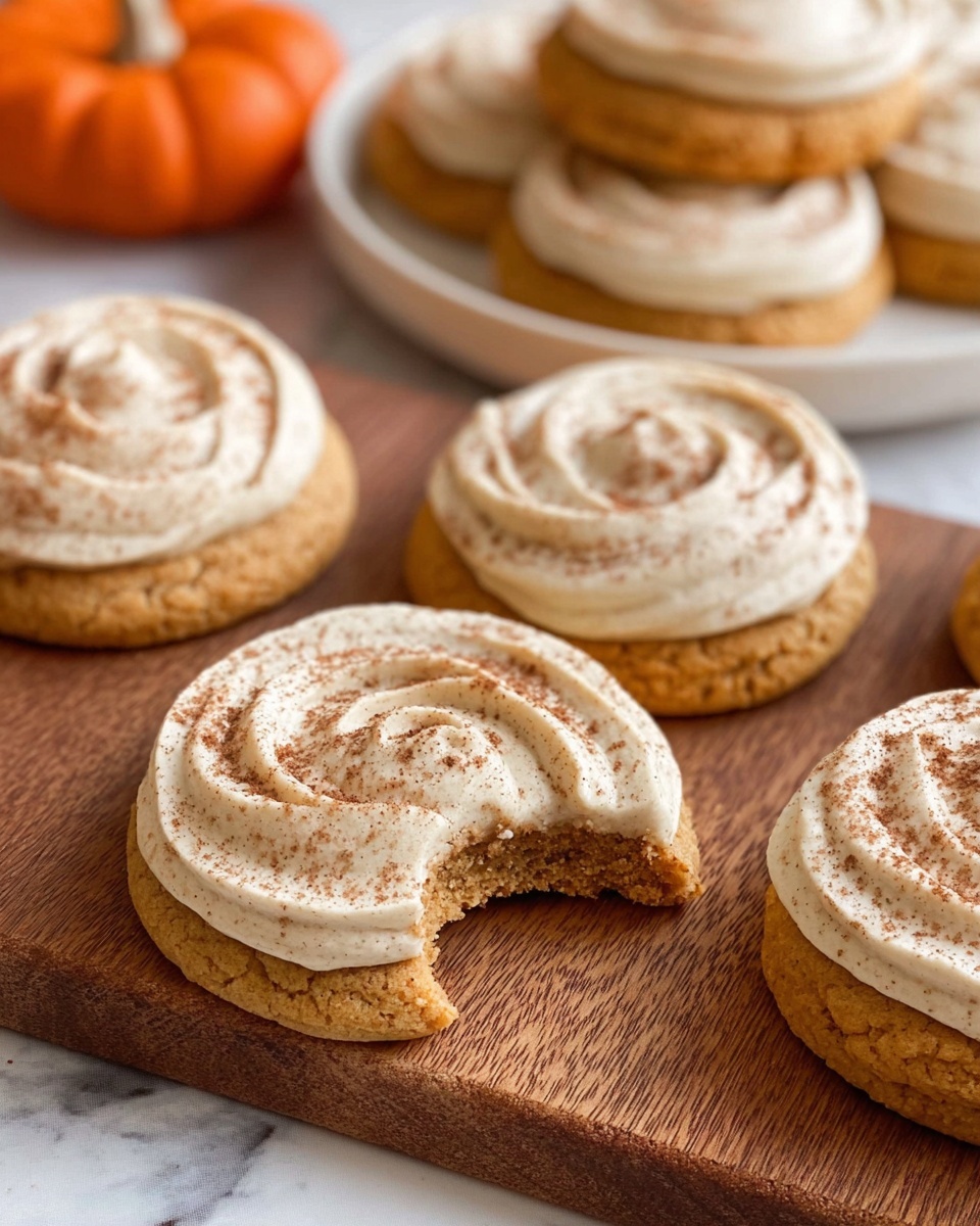 Seven circular cupcakes are arranged closely on a white plate with a soft beige rim. Each cupcake has one thick layer of golden brown cake topped with a light tan swirled frosting piped in a spiral shape. The frosting is dusted with a fine layer of brown powder, giving a textured look. The plate rests on a cream-colored woven fabric on a white marbled surface. Near the plate, there are a few small orange pumpkins and a brown glass jar candle that adds a warm tone to the scene. photo taken with an iphone --ar 4:5 --v 7