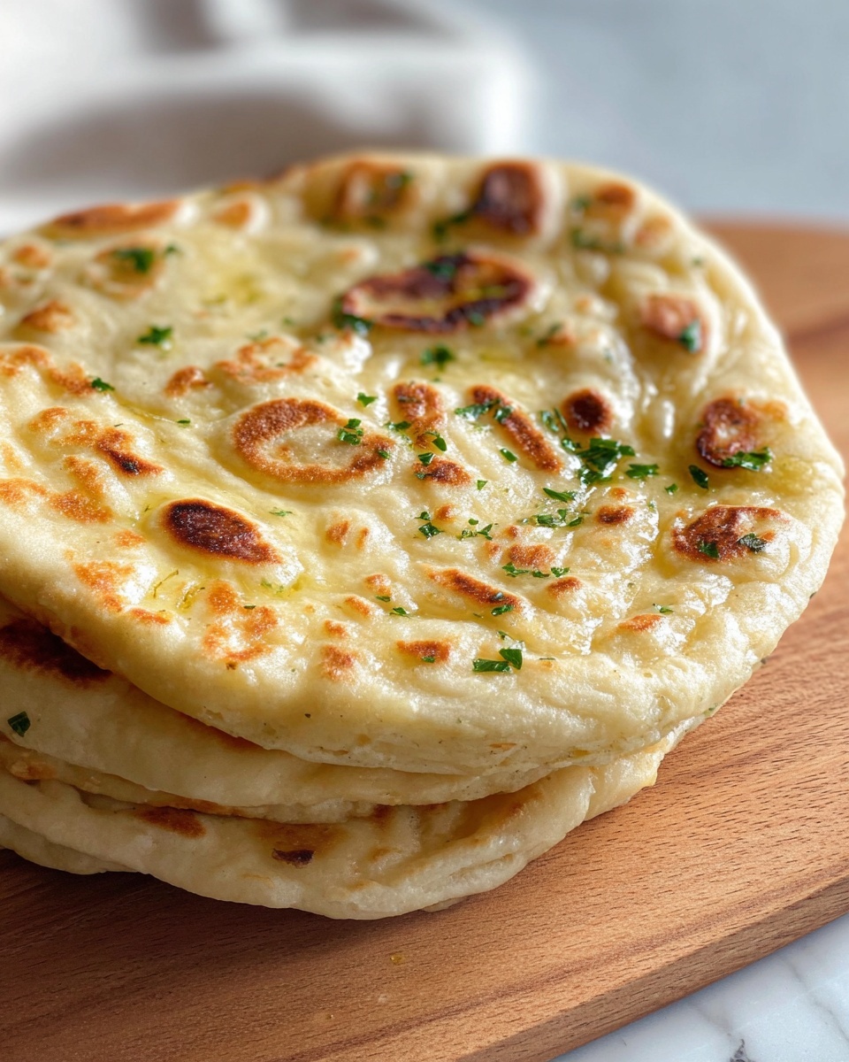 The image shows three pieces of flatbread stacked on top of each other on a wooden board. Each flatbread is pale golden with some darker brown spots and bubbles across its surface. Small bits of green herbs are sprinkled unevenly on the top flatbread, adding a touch of color. The texture looks soft and slightly shiny as if brushed with oil or butter. The background is out of focus with a white marbled surface below. photo taken with an iphone --ar 4:5 --v 7
