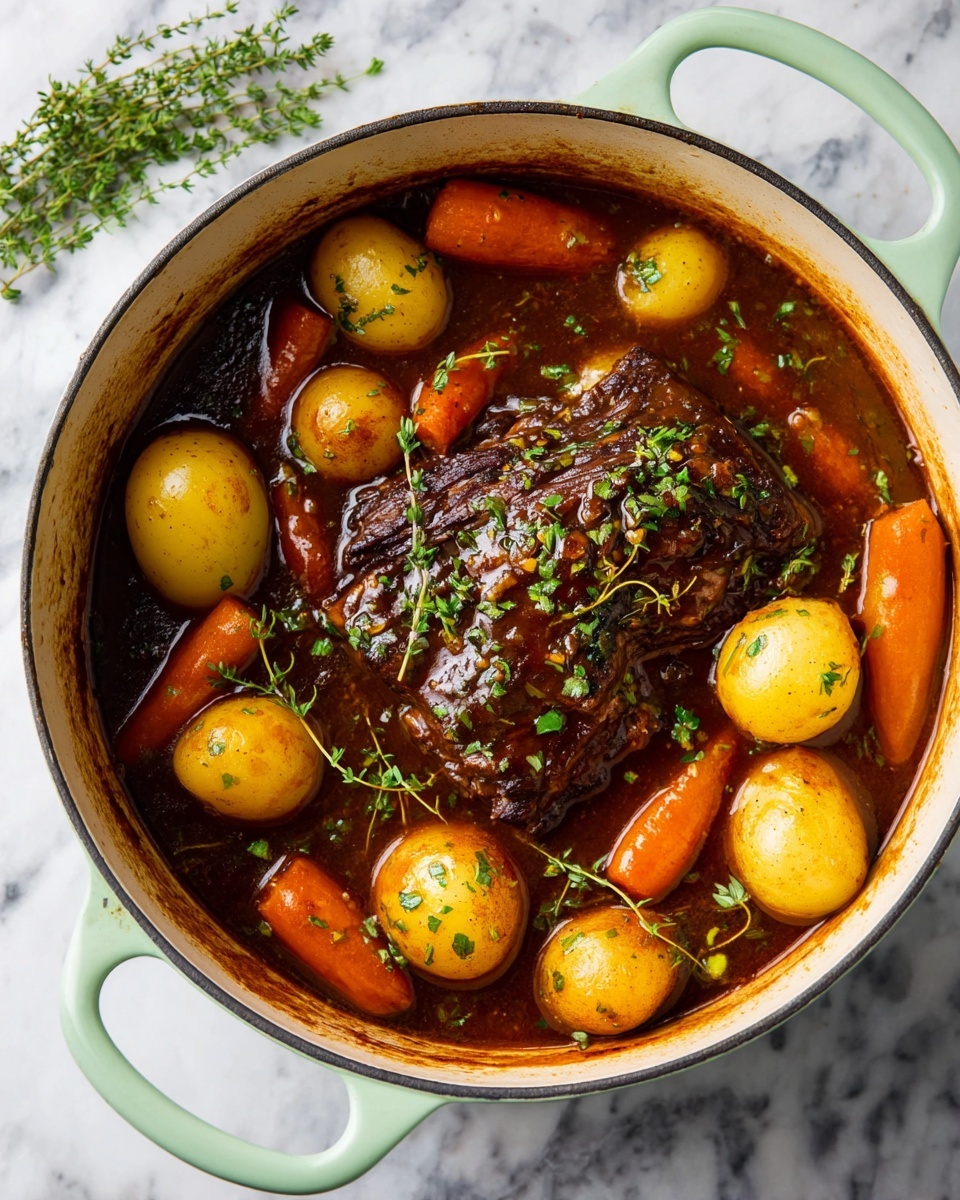 Pot Roast with Potatoes, Carrots, and Red Wine Recipe 6 A large white pot filled with a rich brown sauce covering a thick piece of dark brown meat at the center, surrounded by whole small yellow potatoes and large bright orange carrot chunks. The sauce is shiny and glistening, with small green herb bits sprinkled over the top. The pot handles are pale green, and the pot sits on a white marbled surface with a few sprigs of fresh thyme scattered around. photo taken with an iphone --ar 4:5 --v 7