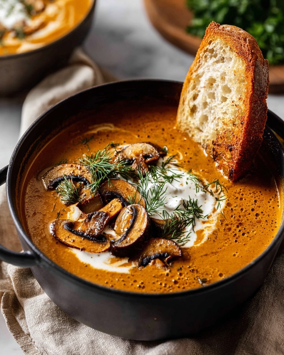 A bowl filled with creamy orange soup with visible slices of dark brown mushrooms and small green herb pieces scattered throughout. On top, there is a dollop of white cream with fresh green dill sprigs and a sprinkle of red spice powder. The bowl is textured and set on a light gray cloth, with a silver spoon resting inside the soup on the right side. Around the bowl are pieces of crusty golden bread, and the background is a white marbled texture. photo taken with an iphone --ar 4:5 --v 7